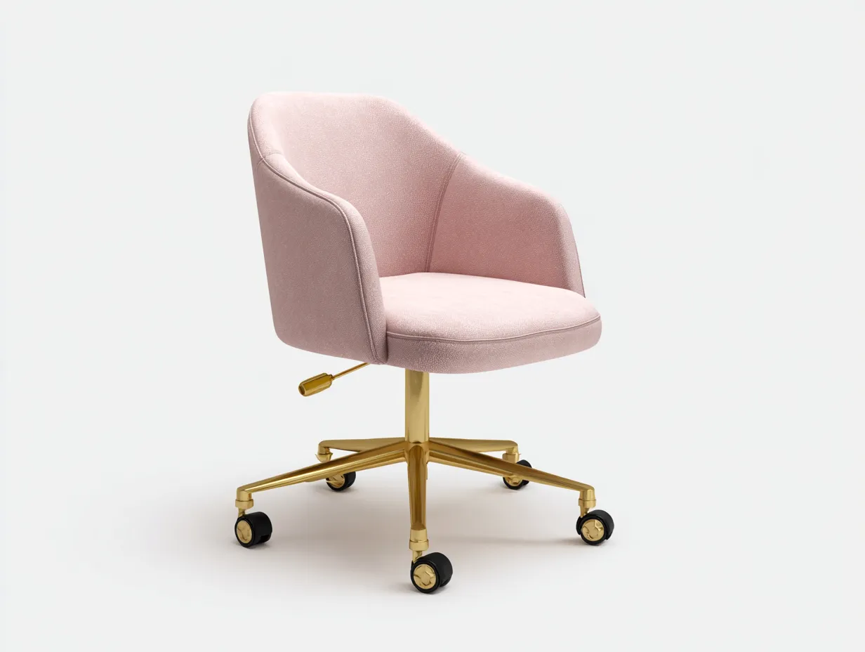 Silla de oficina giratoria - 61x63x96 cm - rosa claro y dorado - estilo contemporáneo - respaldo envolvente con base metálica de cinco ruedas y ajuste de altura