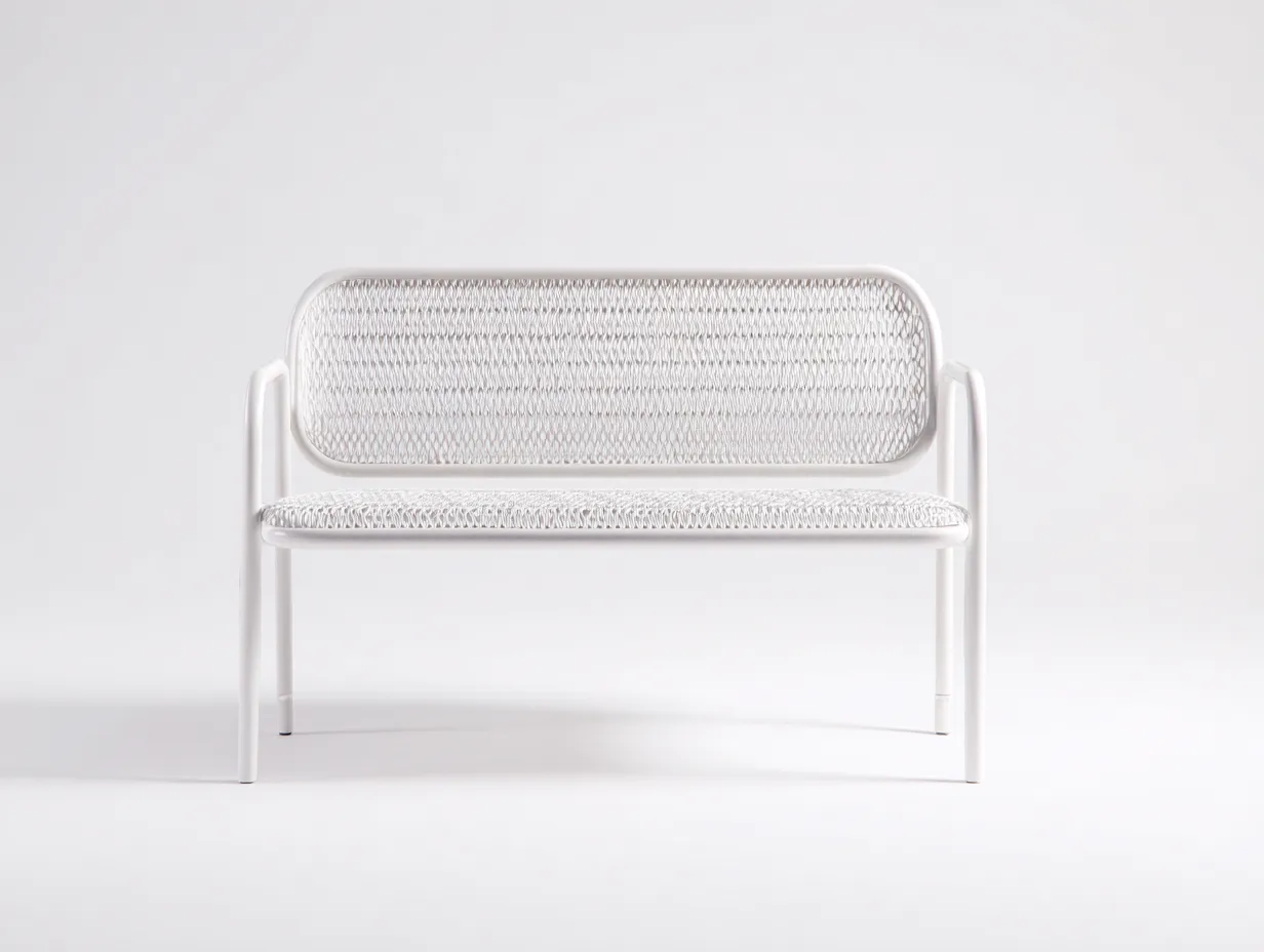 Banco de exterior 138x58x78 cm - metal y malla trenzada - blanco - diseño contemporáneo