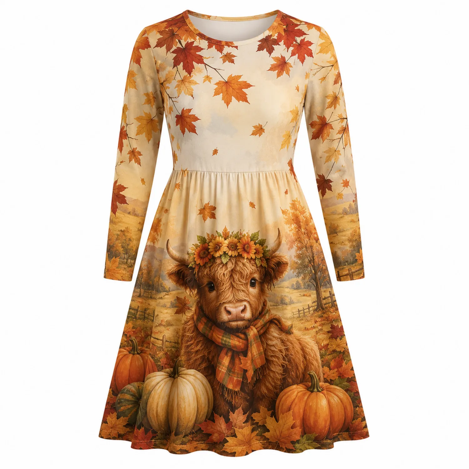 Robe Automne Feuilles Vache Highland Citrouille Femme Manches Longues