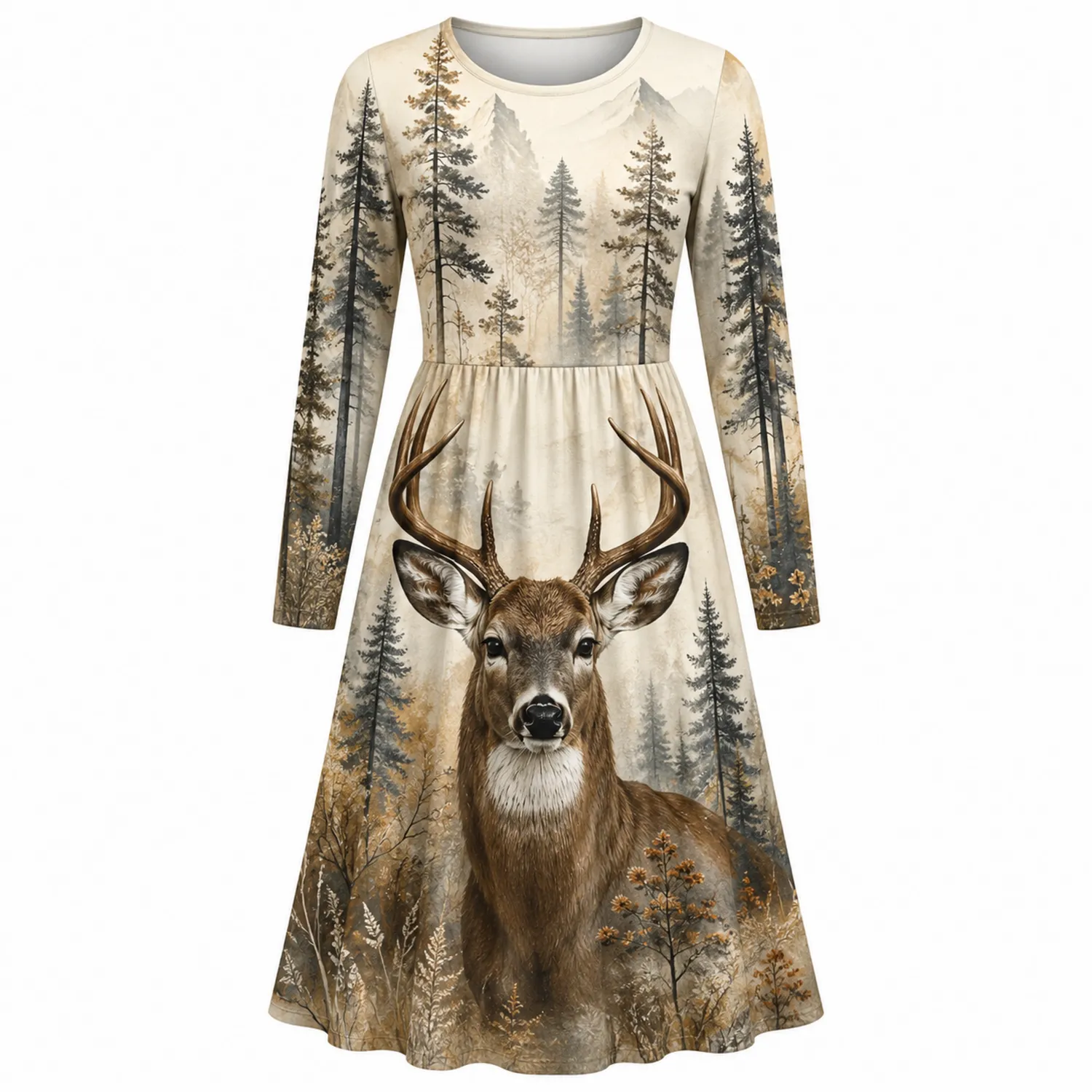 Robe longue imprimée cerf forêt manches longues femme
