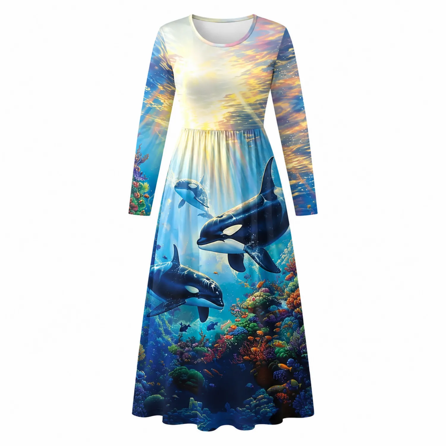 Robe Longue Femme Impression Orque Manches Longues