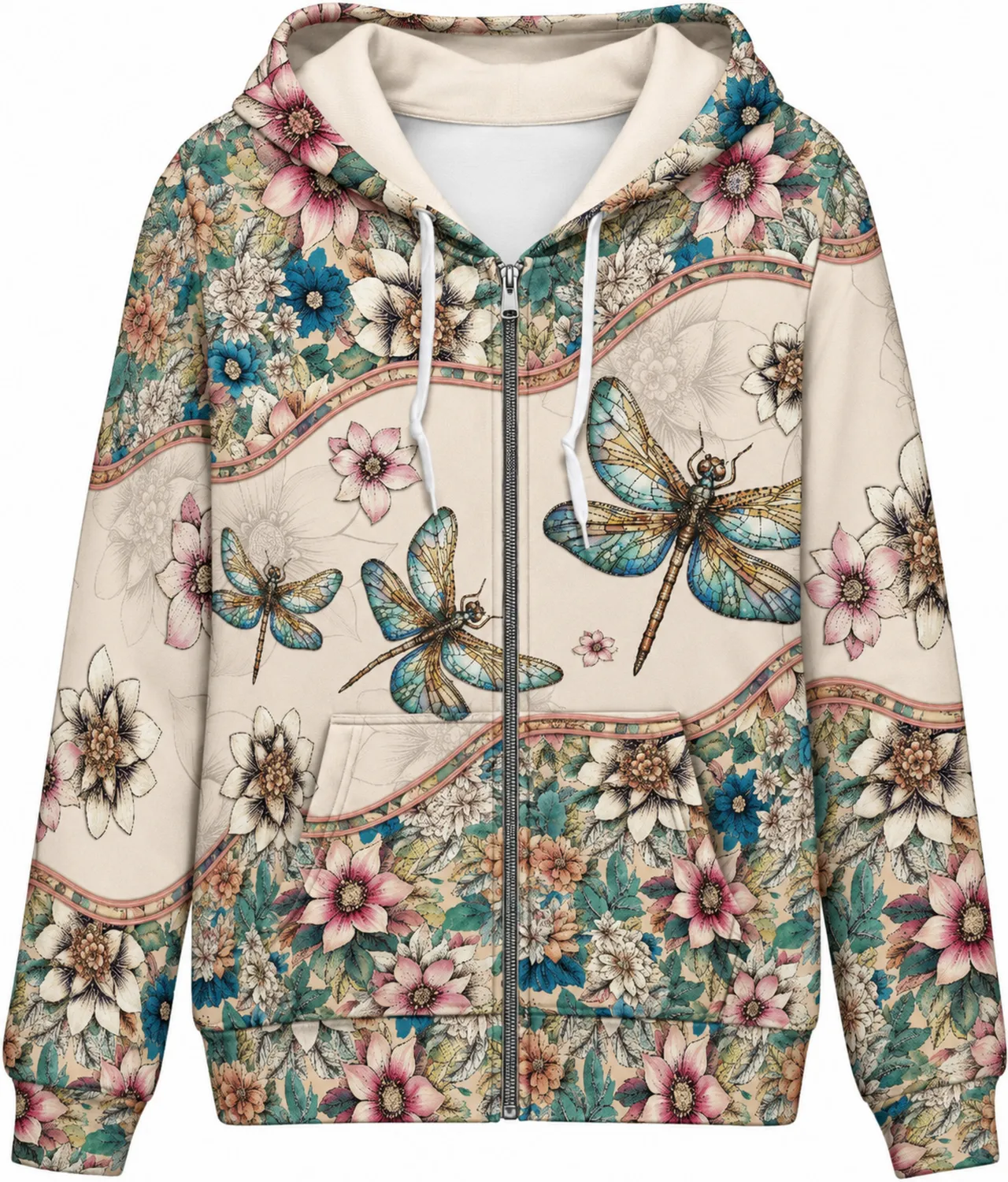 Sweat à Capuche Femme Libellule et Fleurs Vintage Y2K