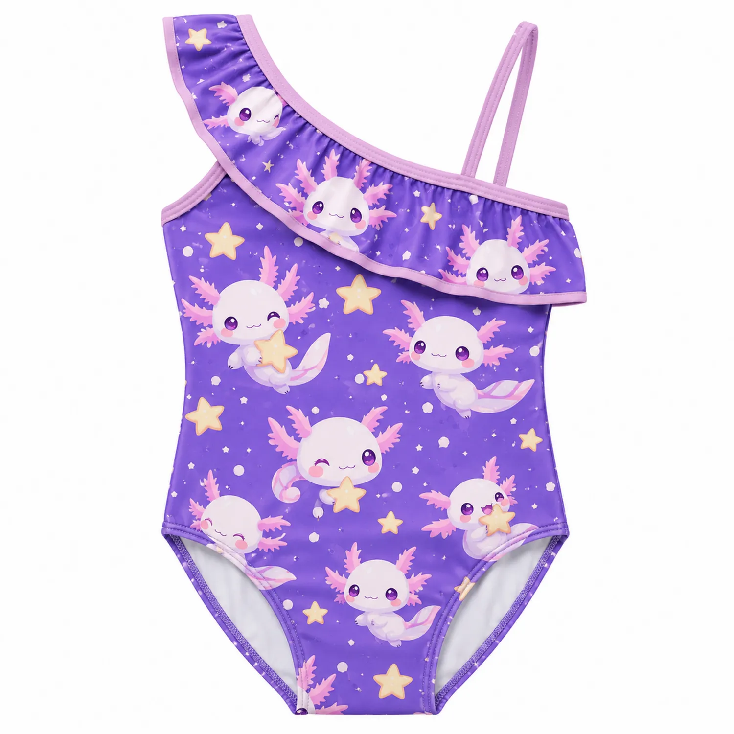 Maillot de Bain Enfant Fille Axolotl Étoile Une Épaule