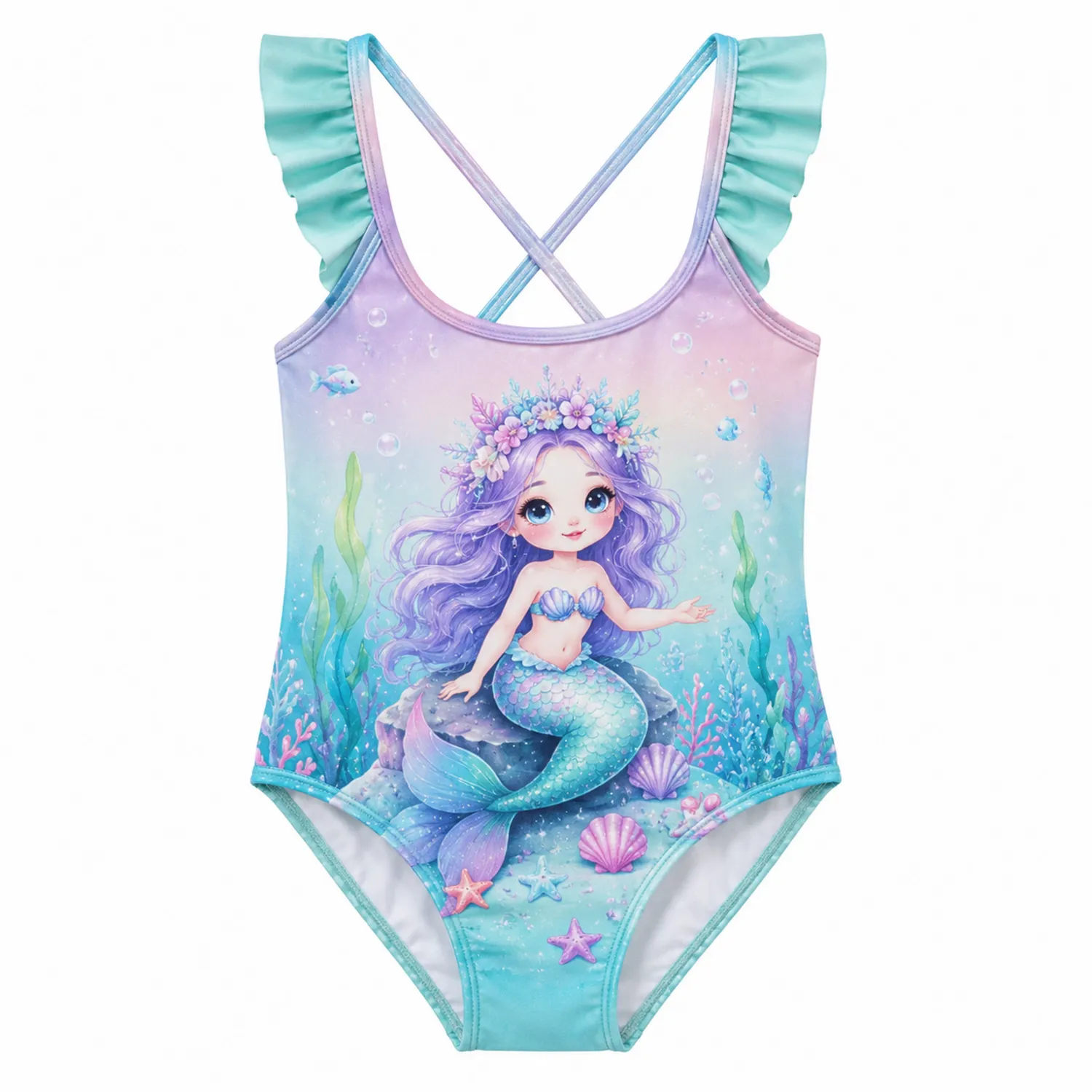 Maillot de Bain Fille Sirène Une Pièce Dos Croisé Imprimé