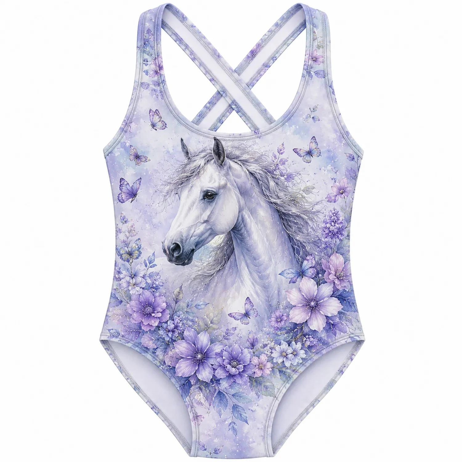 Maillot de Bain Fille Cheval Fleurs Violet Une Pièce