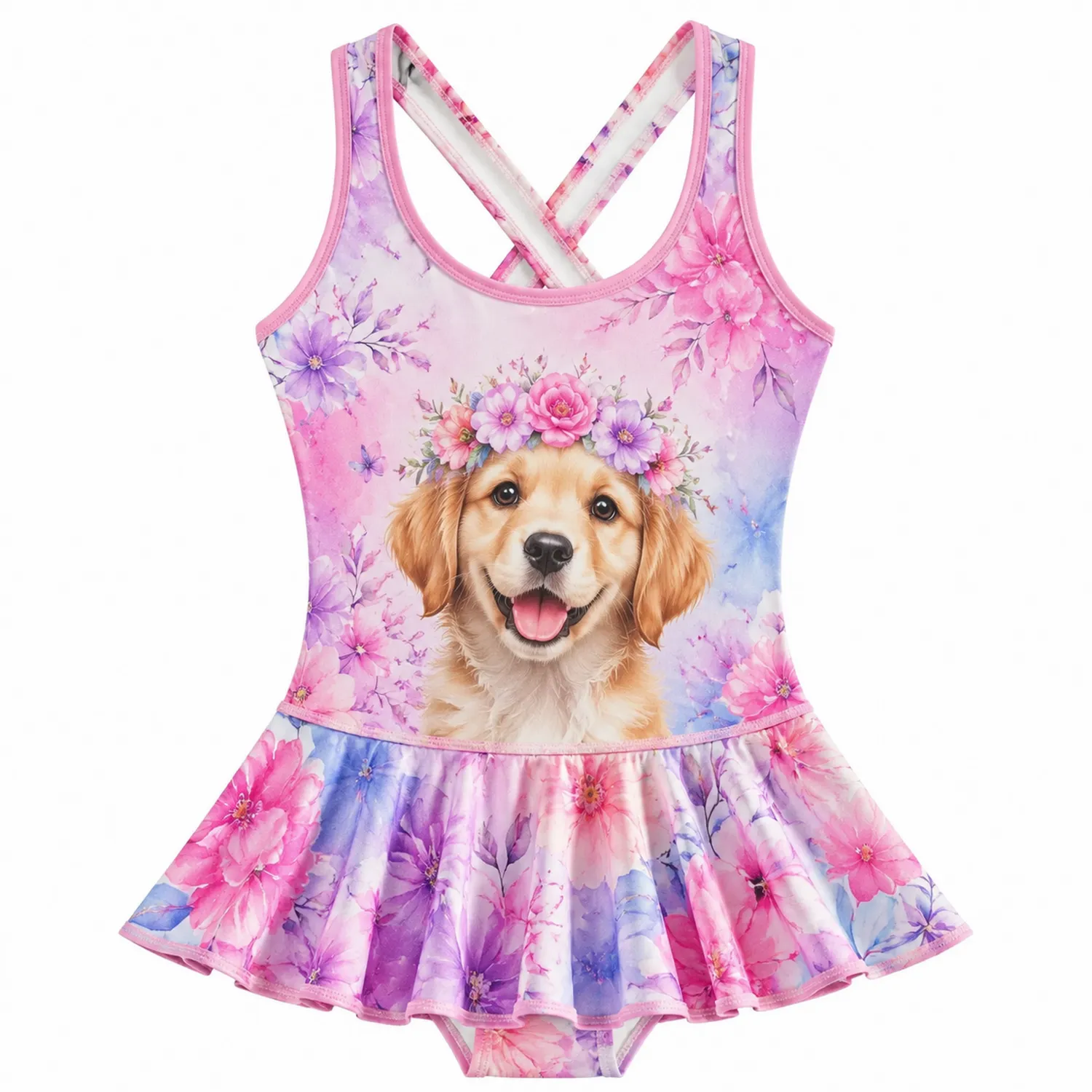 Maillot de Bain Fille avec Motif Chien et Fleurs