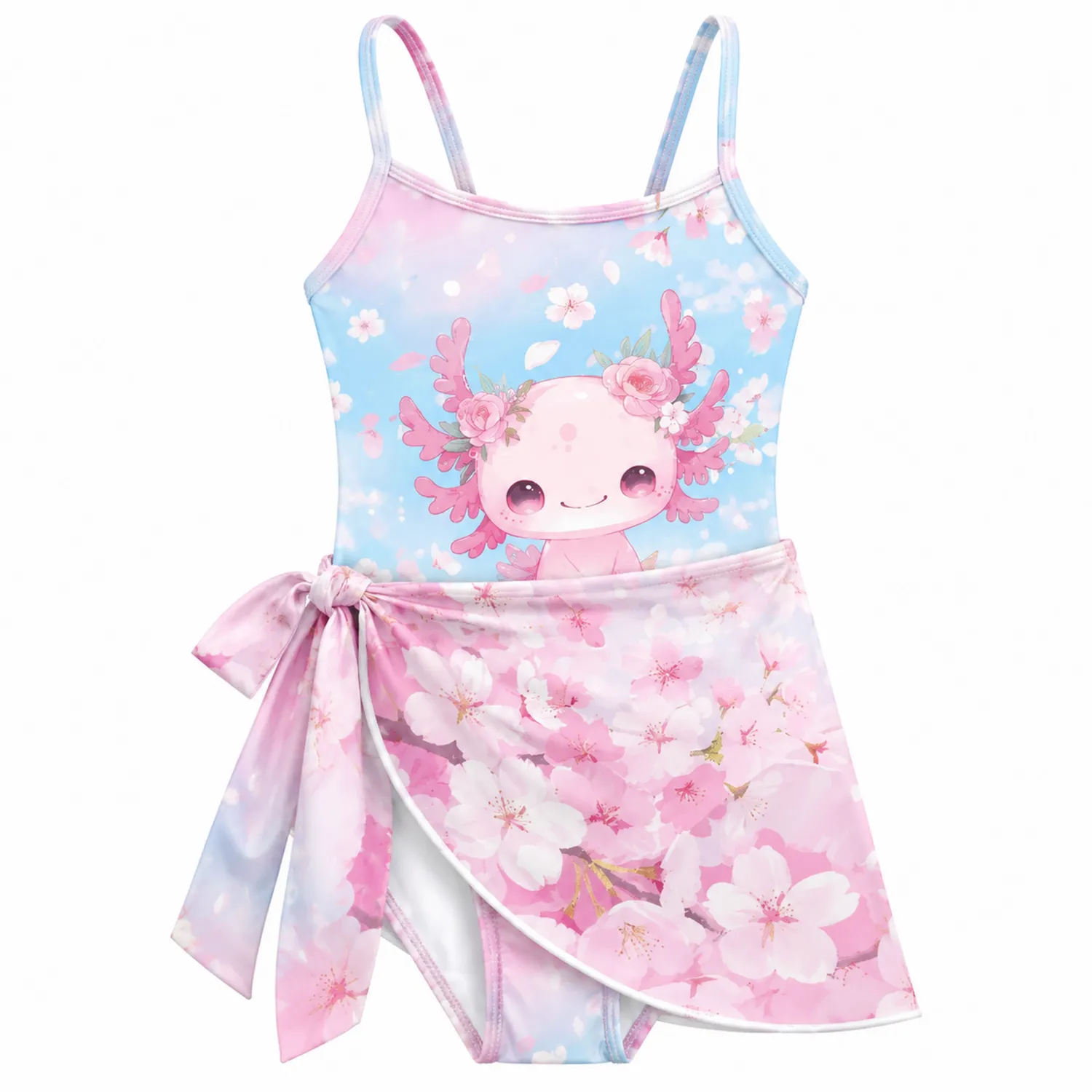 Maillot de bain fille axolotl fleur de cerisier une pièce avec paréo