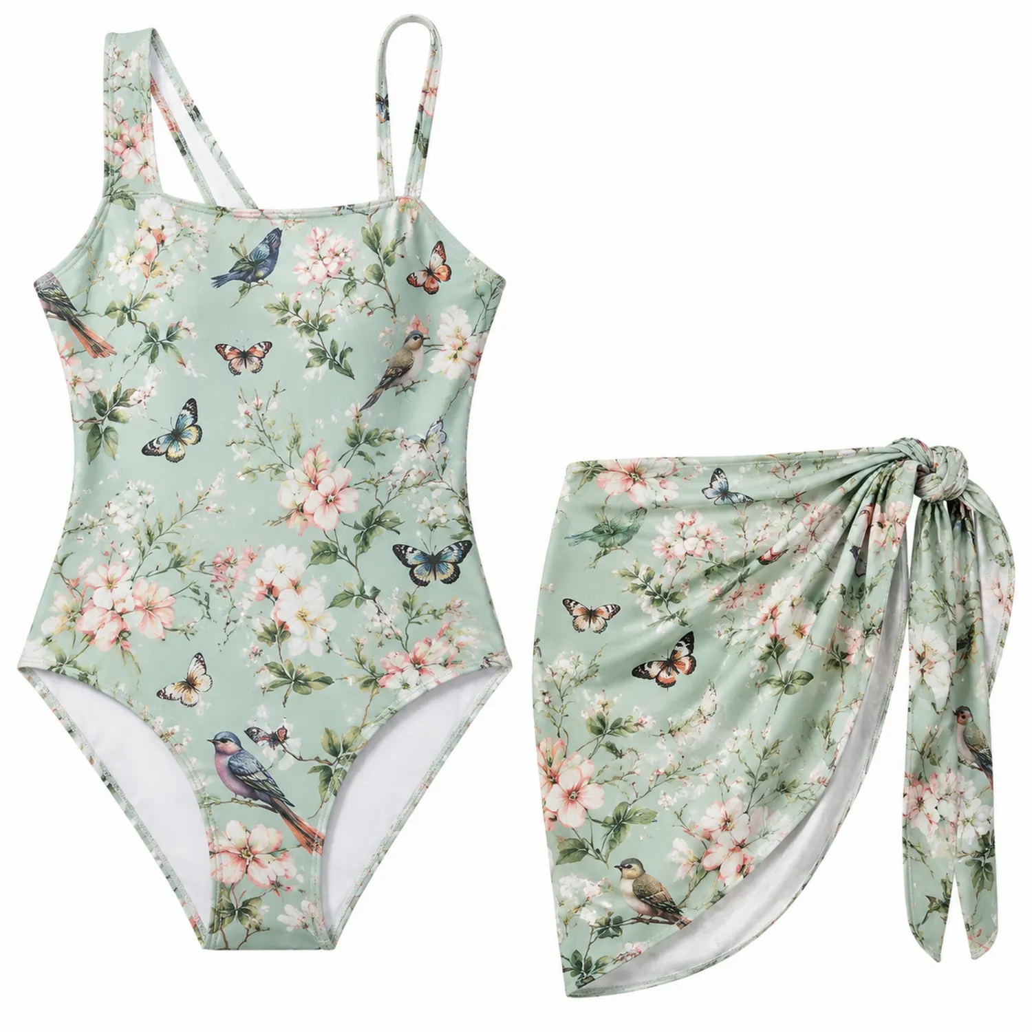 Maillot de Bain Une Pièce Fille Imprimé Oiseaux et Fleurs avec Paréo