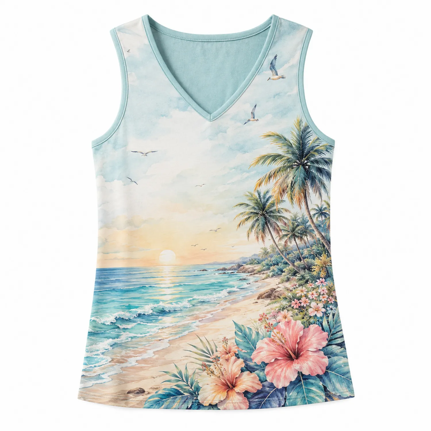 Débardeur Femme Col V Plage Paysage Imprimé