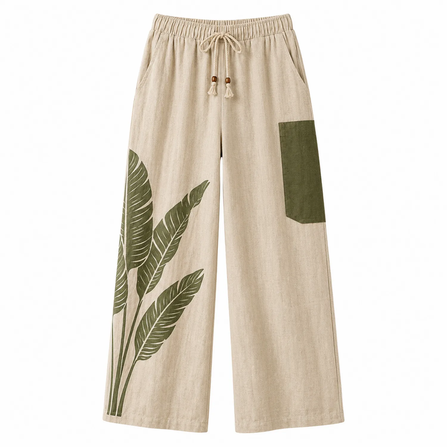 Pantaloni larghi beige con stampa foglie verdi e tasca
