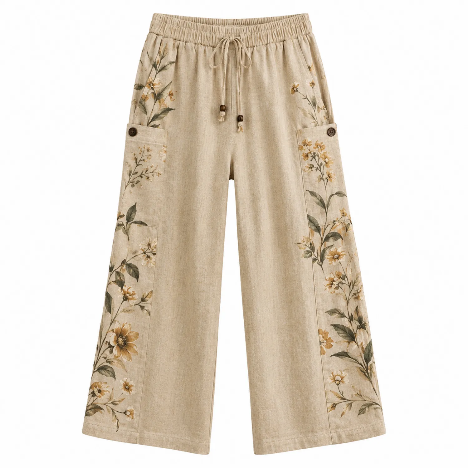 Pantaloni a Gamba Larga con Stampa Floreale Beige