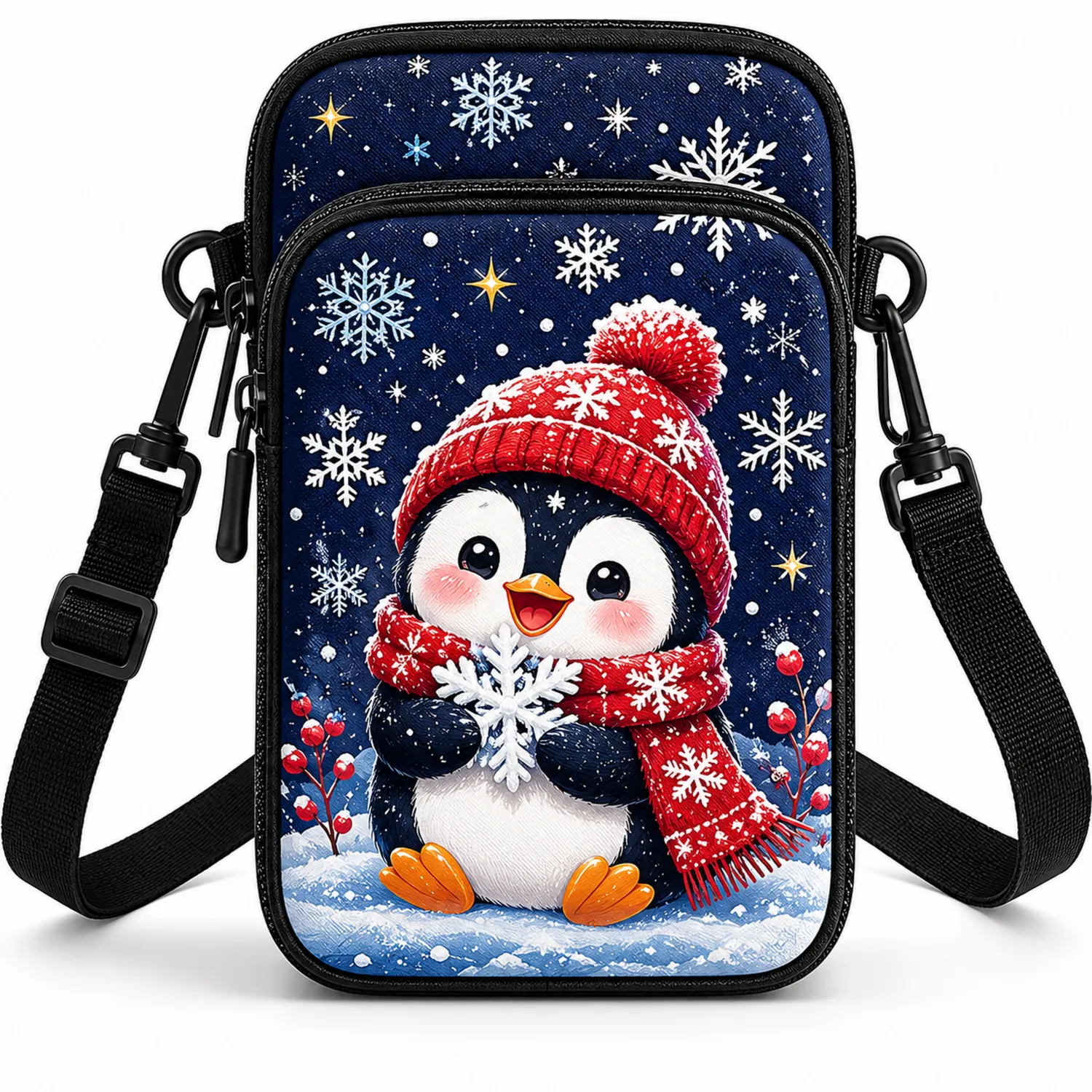 Borsa a Tracolla Pinguino Natalizio con Fiocchi di Neve