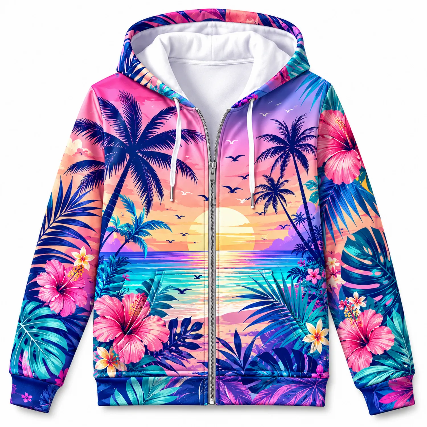 Felpa con Cappuccio Stampa Tropicale Multicolore con Tramonto
