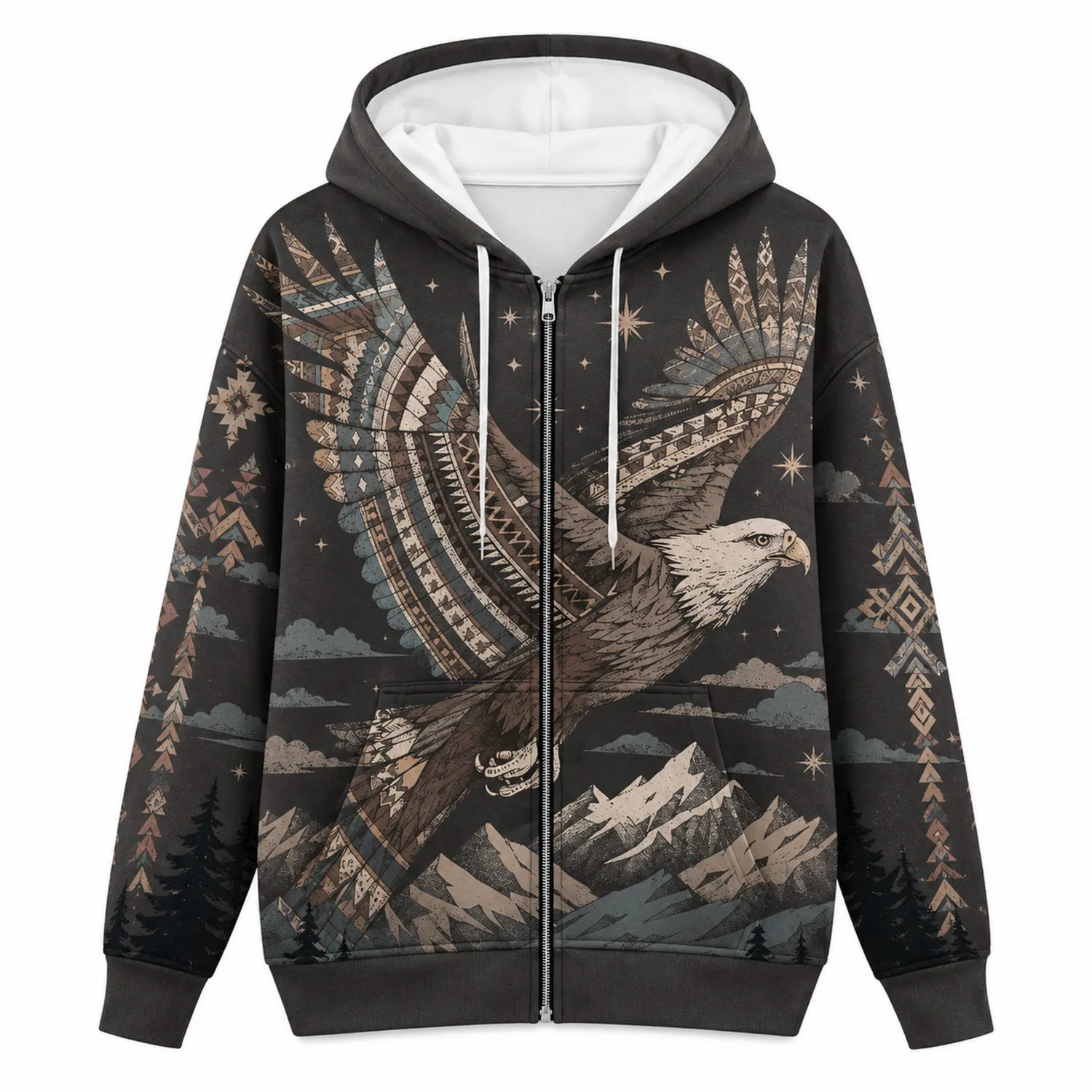 Felpa con Cappuccio Zip Stampa Aquila Uomo Nero