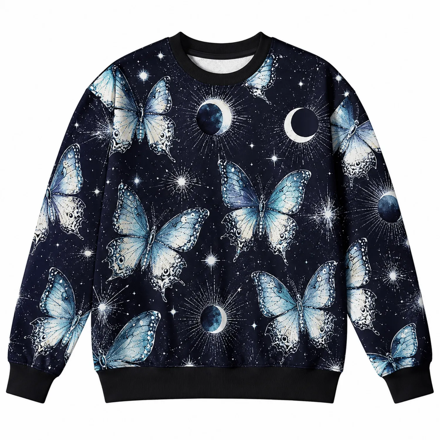 Felpa a Maniche Lunghe con Farfalle e Motivo Lunare Blu