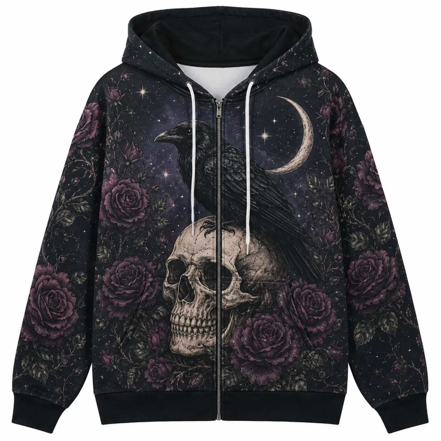Felpa Gotica con Cappuccio Corvo, Teschio e Rose Nere e Viola
