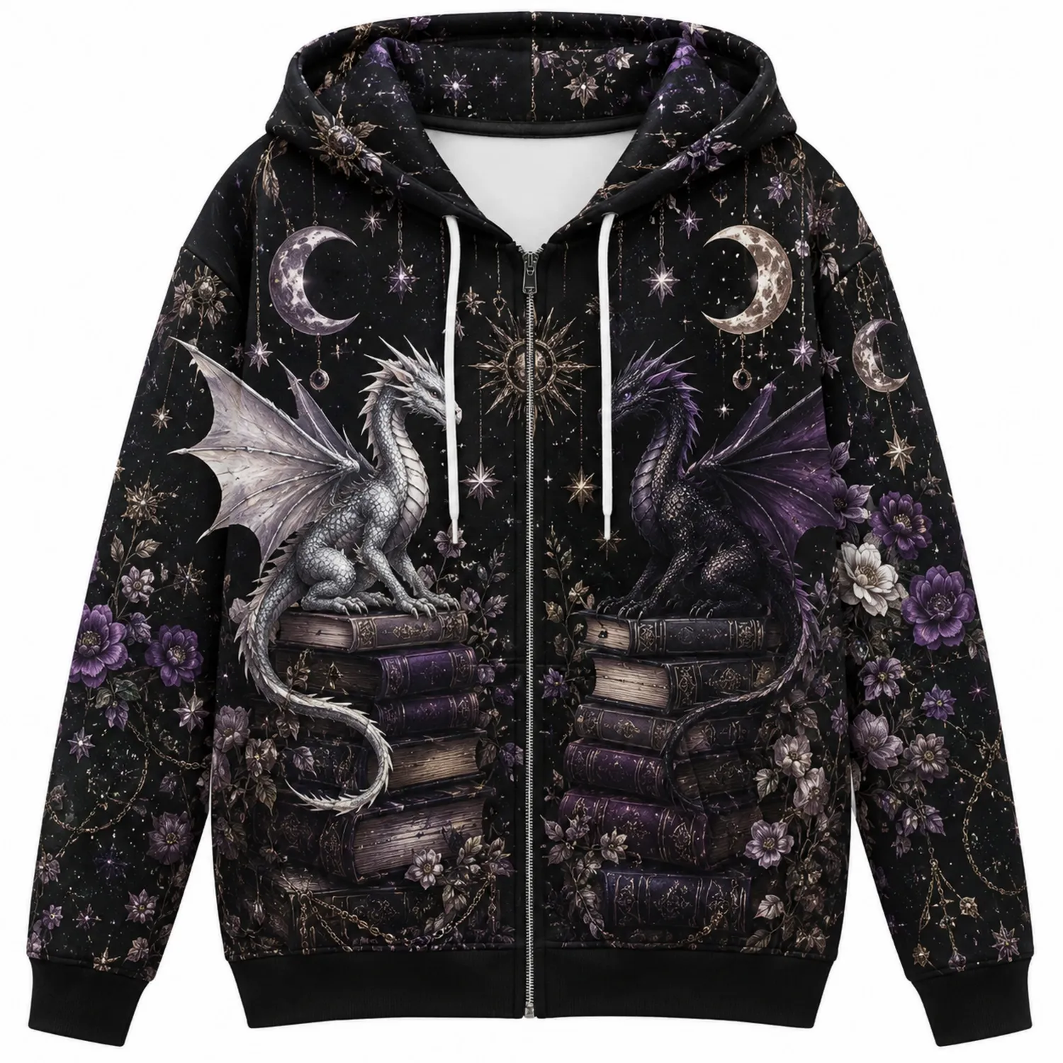 Felpa con Cappuccio Draghi Fantasy Nero con Dettagli Viola