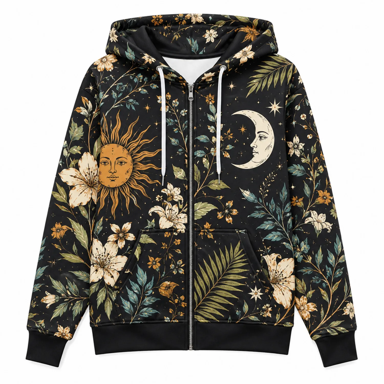 Felpa con Cappuccio Sole Luna Fiori Nero