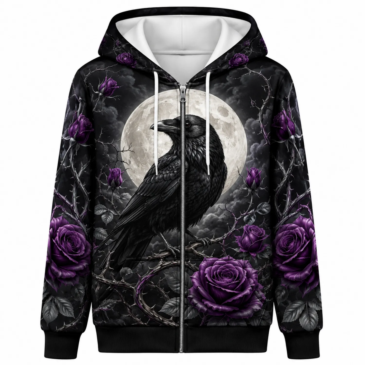 Felpa con Cappuccio Gotica con Corvo e Rose Viola