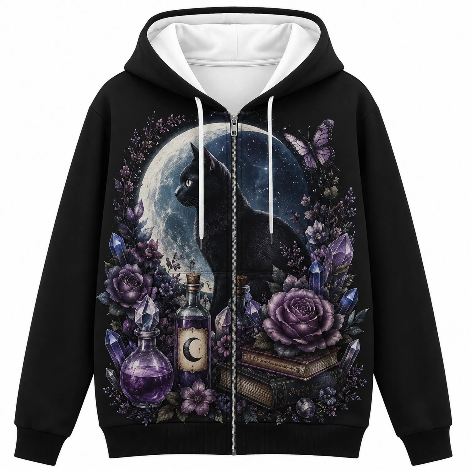 Felpa con Cappuccio Grafica Gatto e Luna Nero Viola