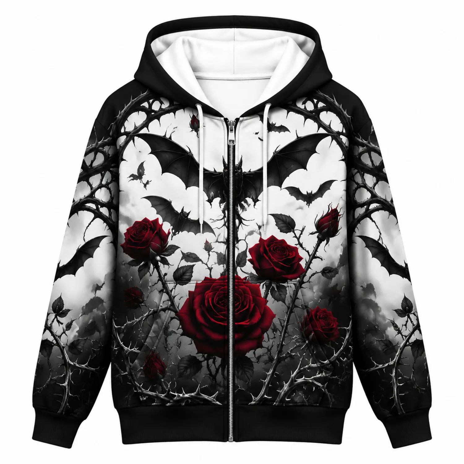 Felpa con Cappuccio Gotica con Rose e Pipistrelli Nero/Bianco/Rosso