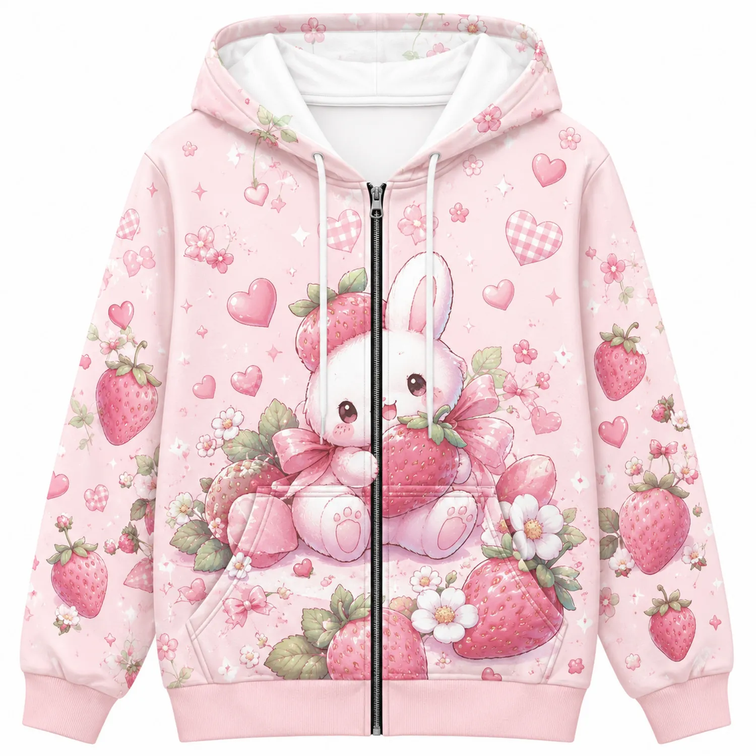 Felpa con Cappuccio Rosa con Zip e Disegno Coniglietto e Fragole