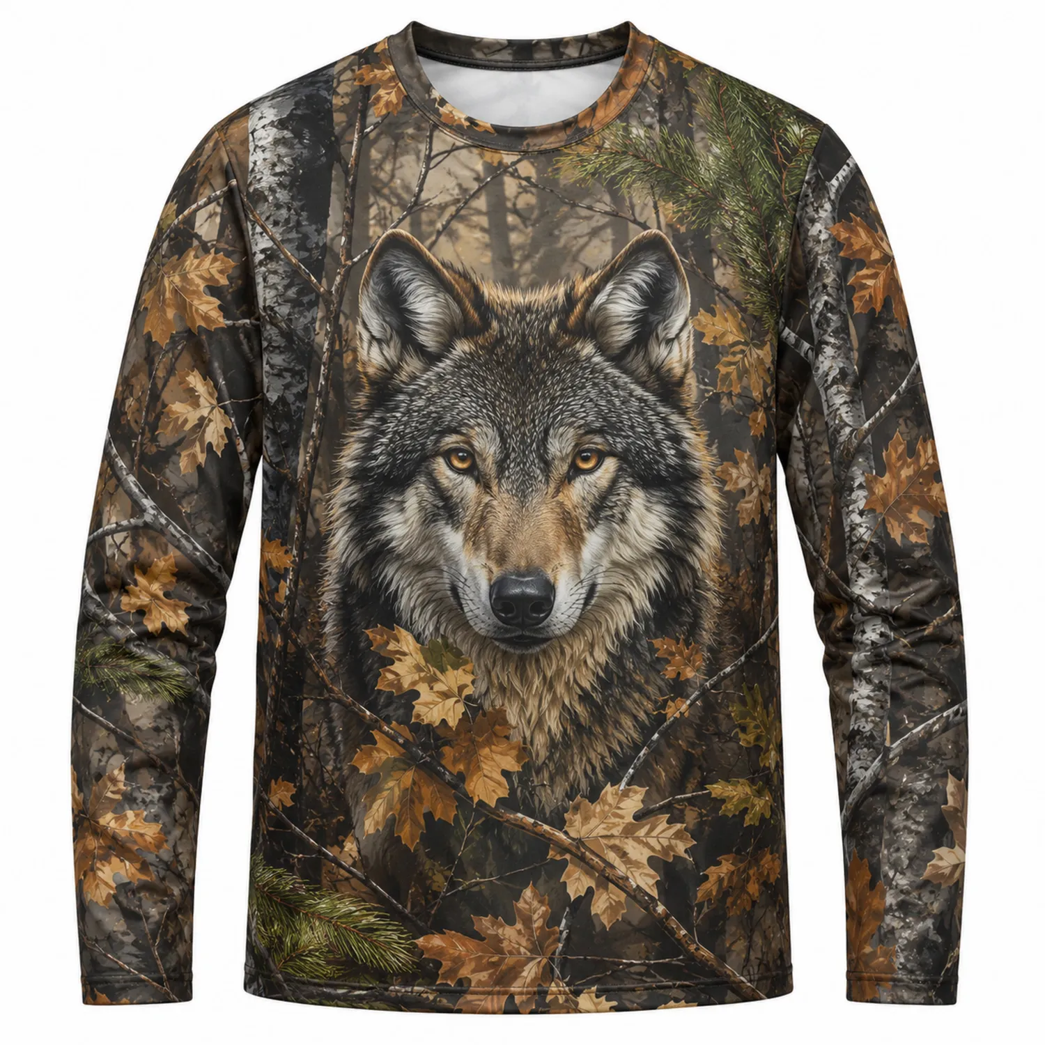 Maglia a Manica Lunga con Motivo Lupo in Camouflage