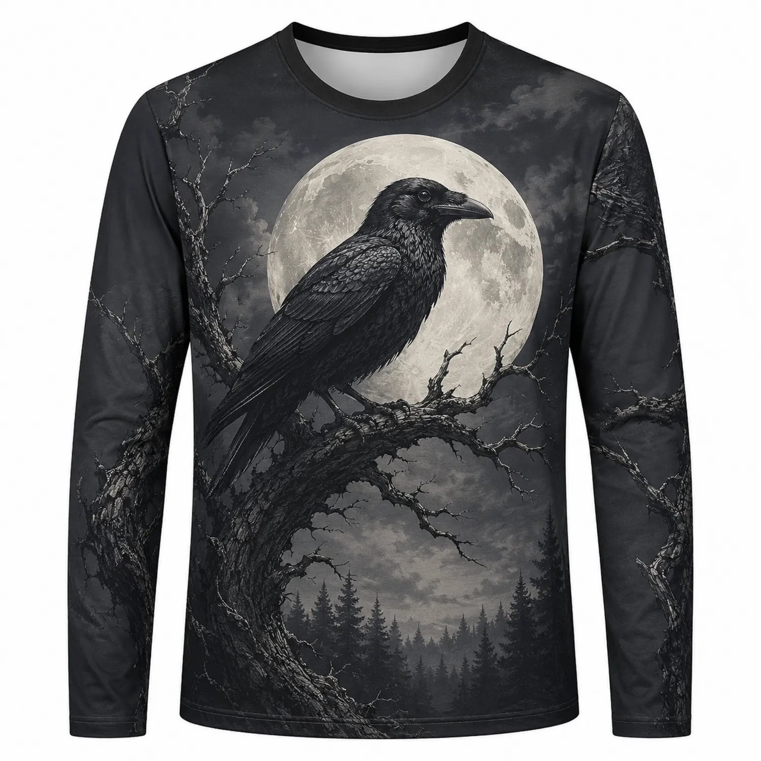 Maglia a Maniche Lunghe Unisex con Stampa Corvo e Luna Piena - Nero