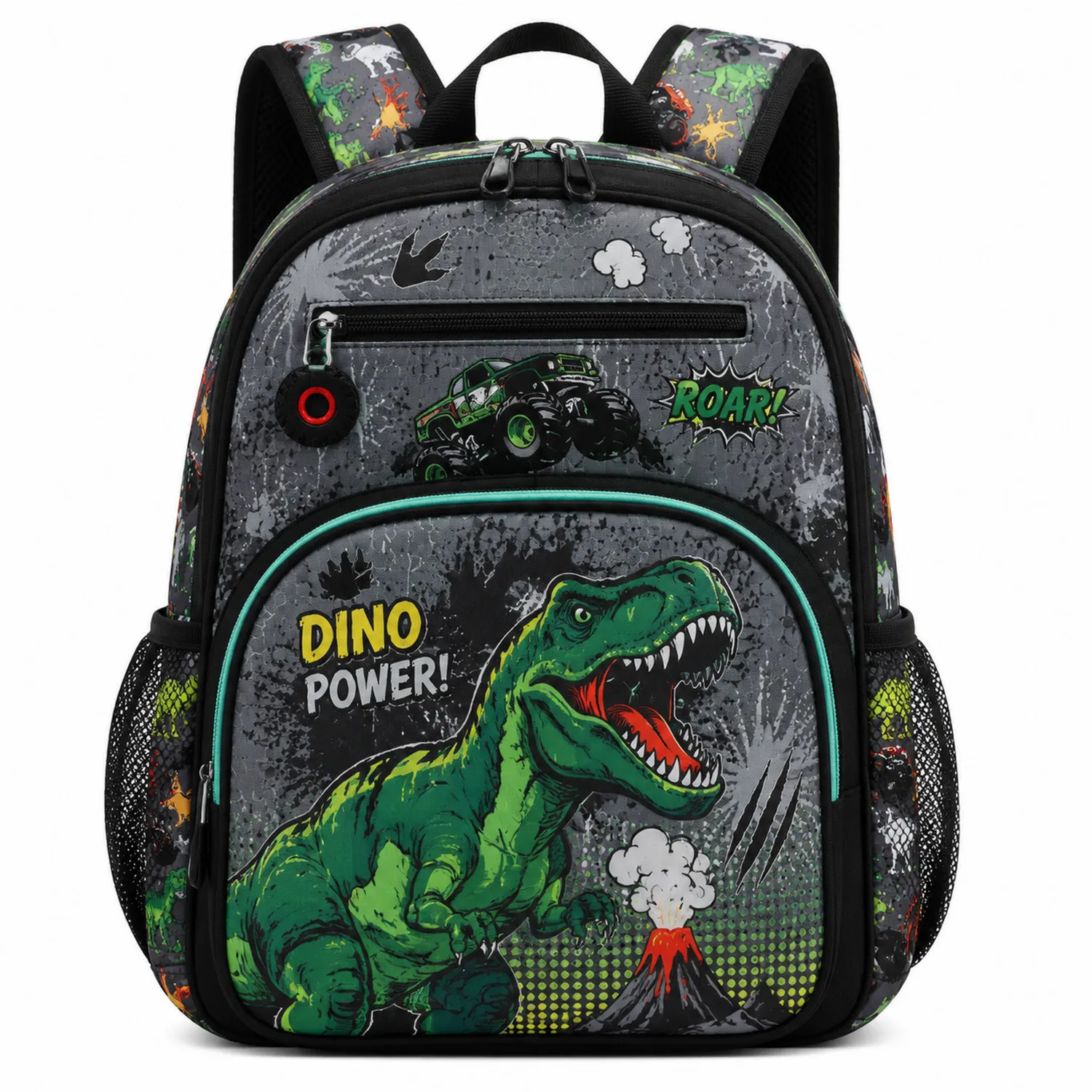 Szaro-zielony plecak dziecięcy z motywem dinozaura T-Rex