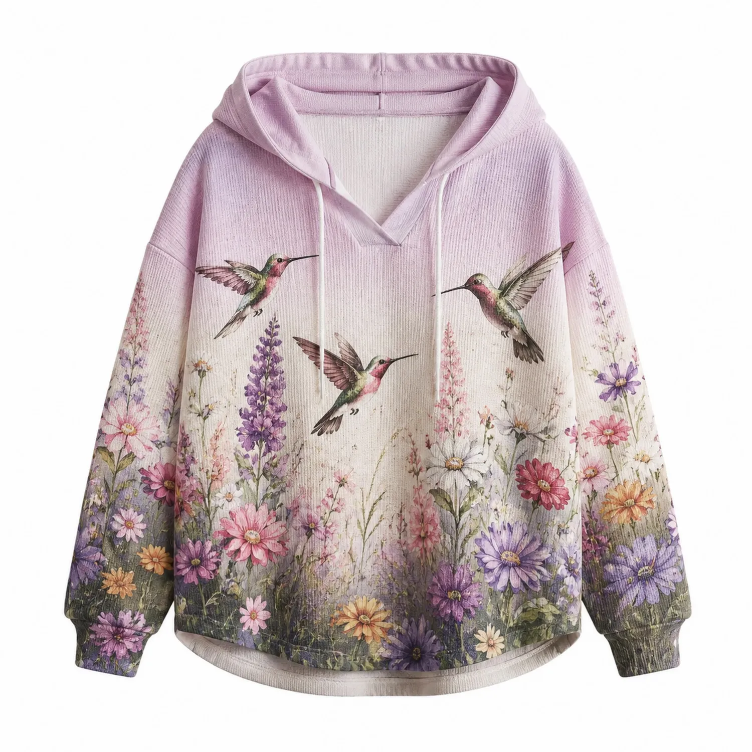 Damska bluza z kapturem w kolibry i kwiaty pastelowe