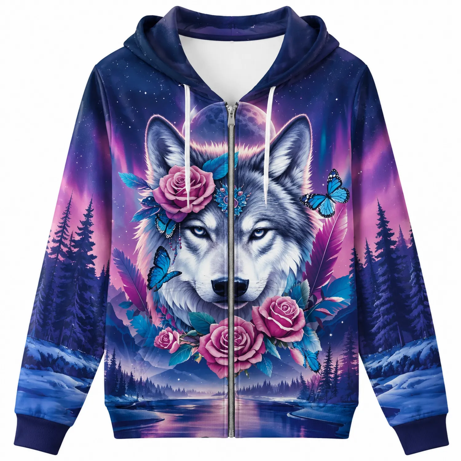 Bluza z kapturem z wilkiem, różami i motylami