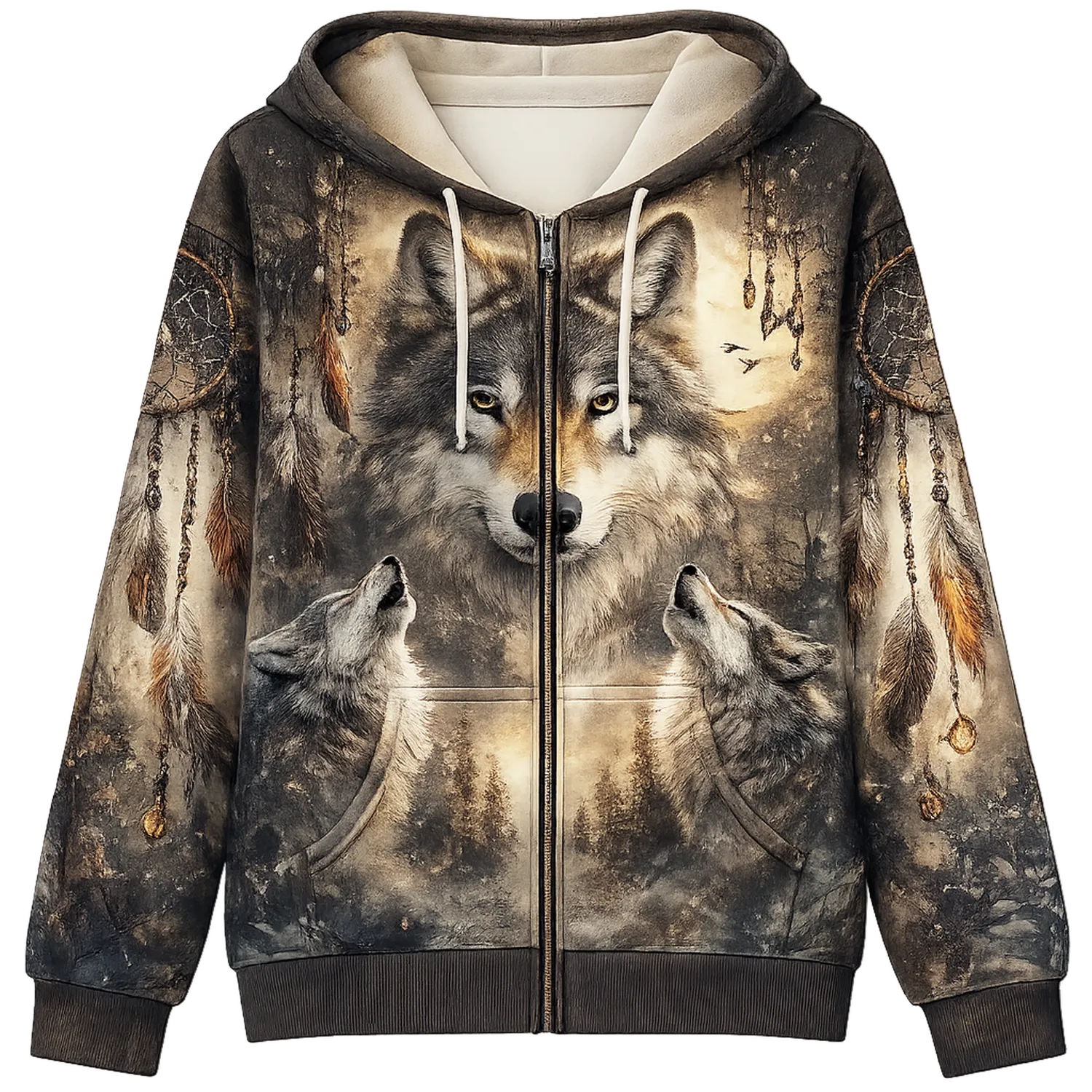 Bluza z kapturem z nadrukiem wilka, brązowo-szara