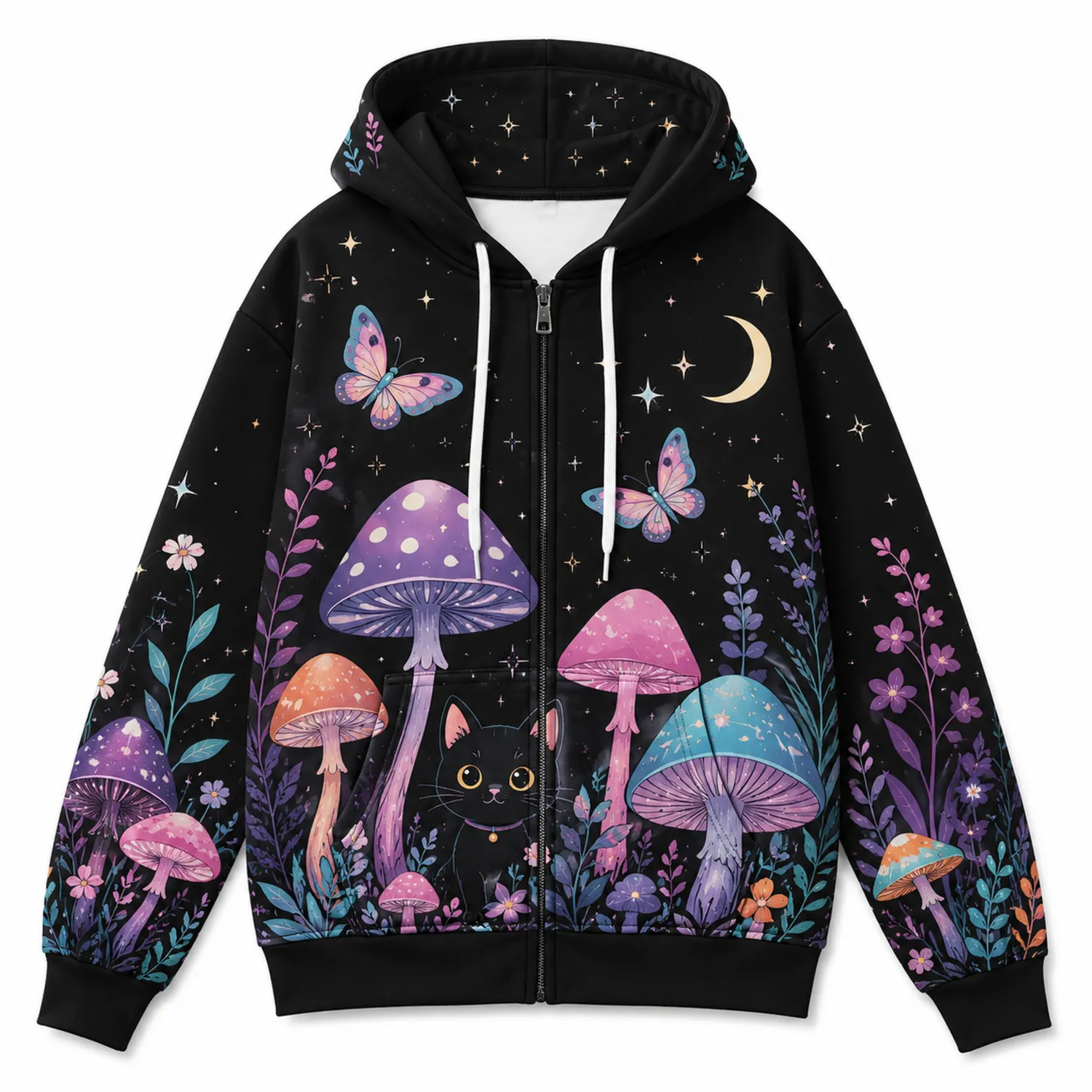 Bluza z kapturem z suwakiem czarny z motywem grzybów i motyli