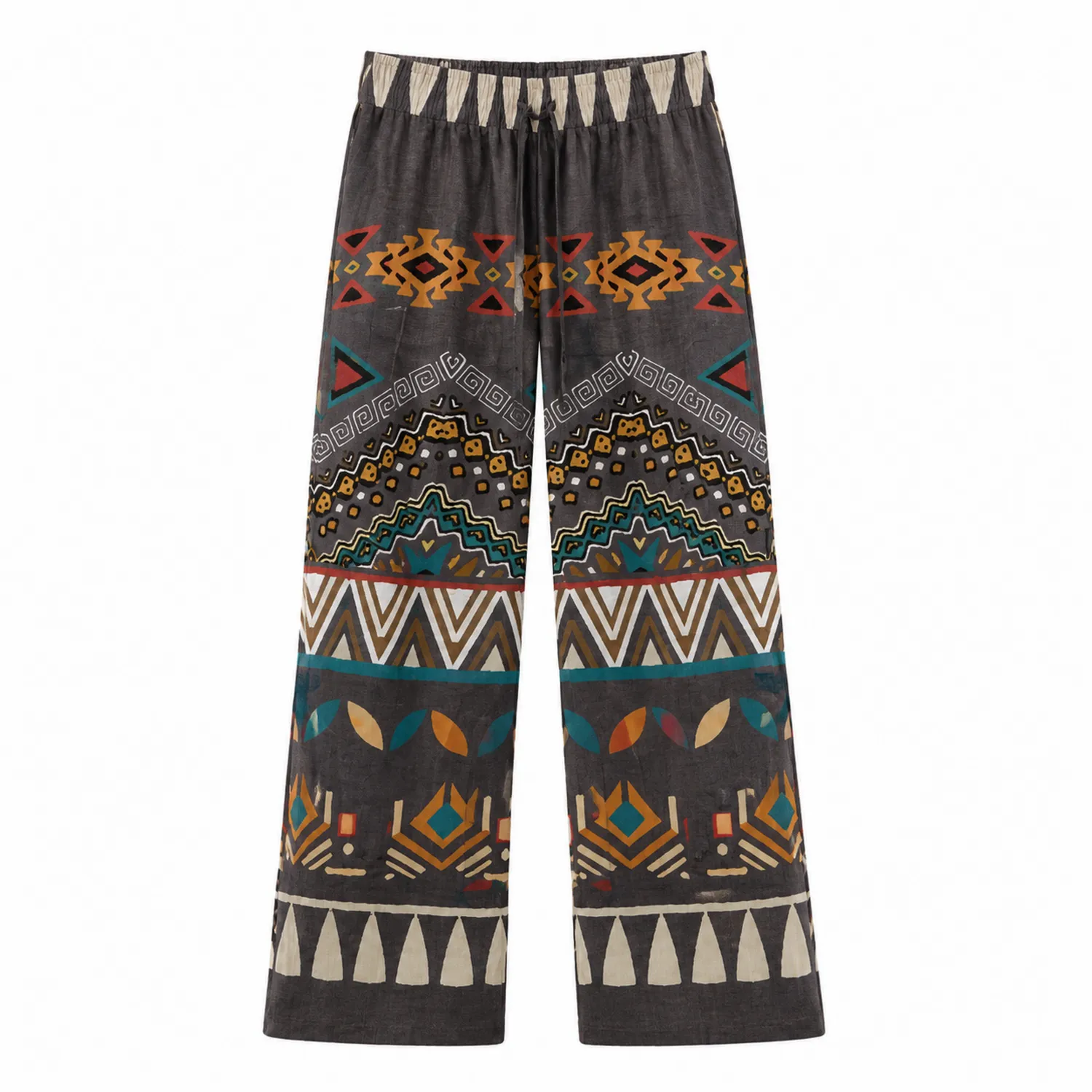 Weite Hose mit Ethno-Muster, Dunkelgrau