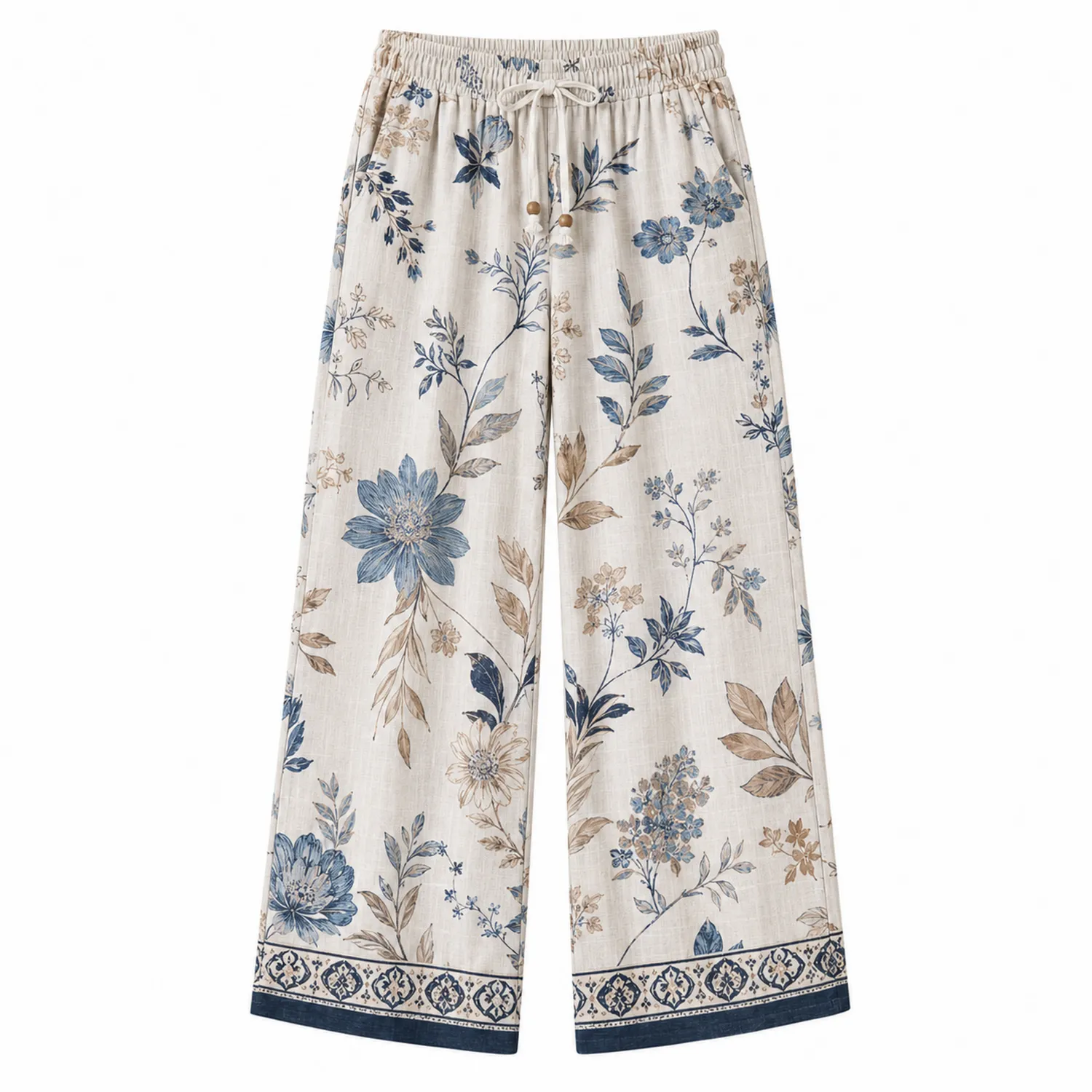 Damenhose mit Blumenmuster in Beige und Blau
