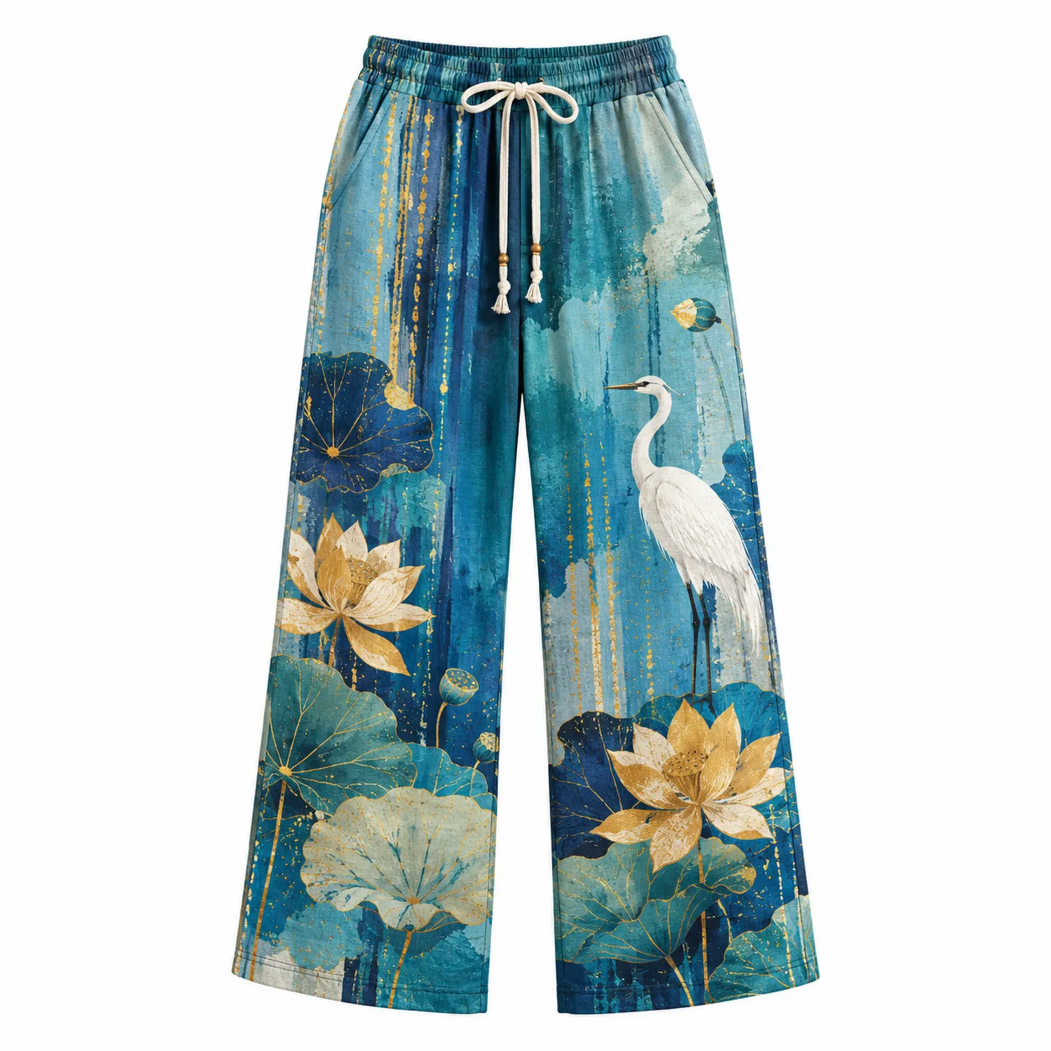 Damen Weite Hose mit Elastischem Bund und Lotusblumen-Reiher-Design in Blau-Grün