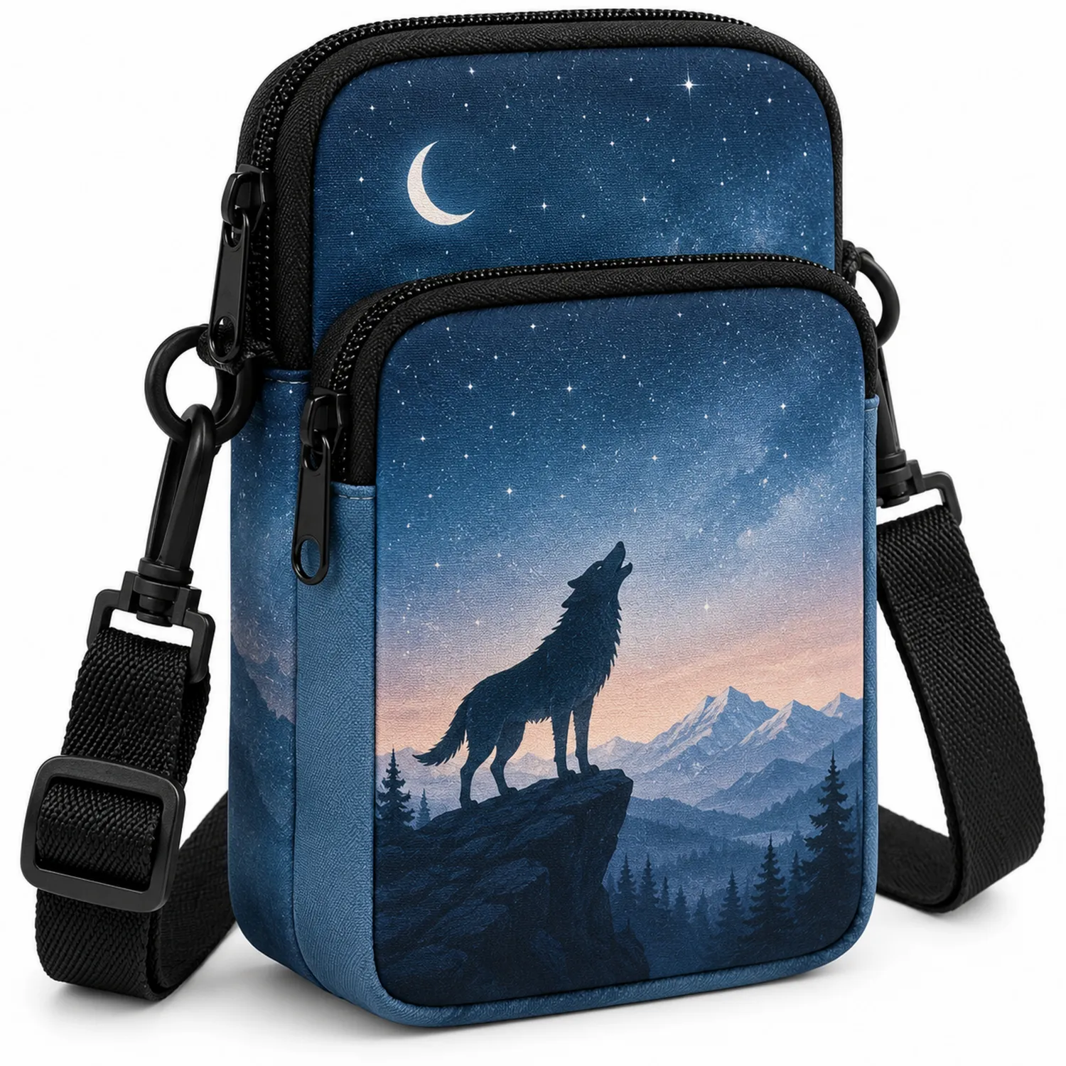 Schultertasche Wolf und Mond Design Dunkelblau