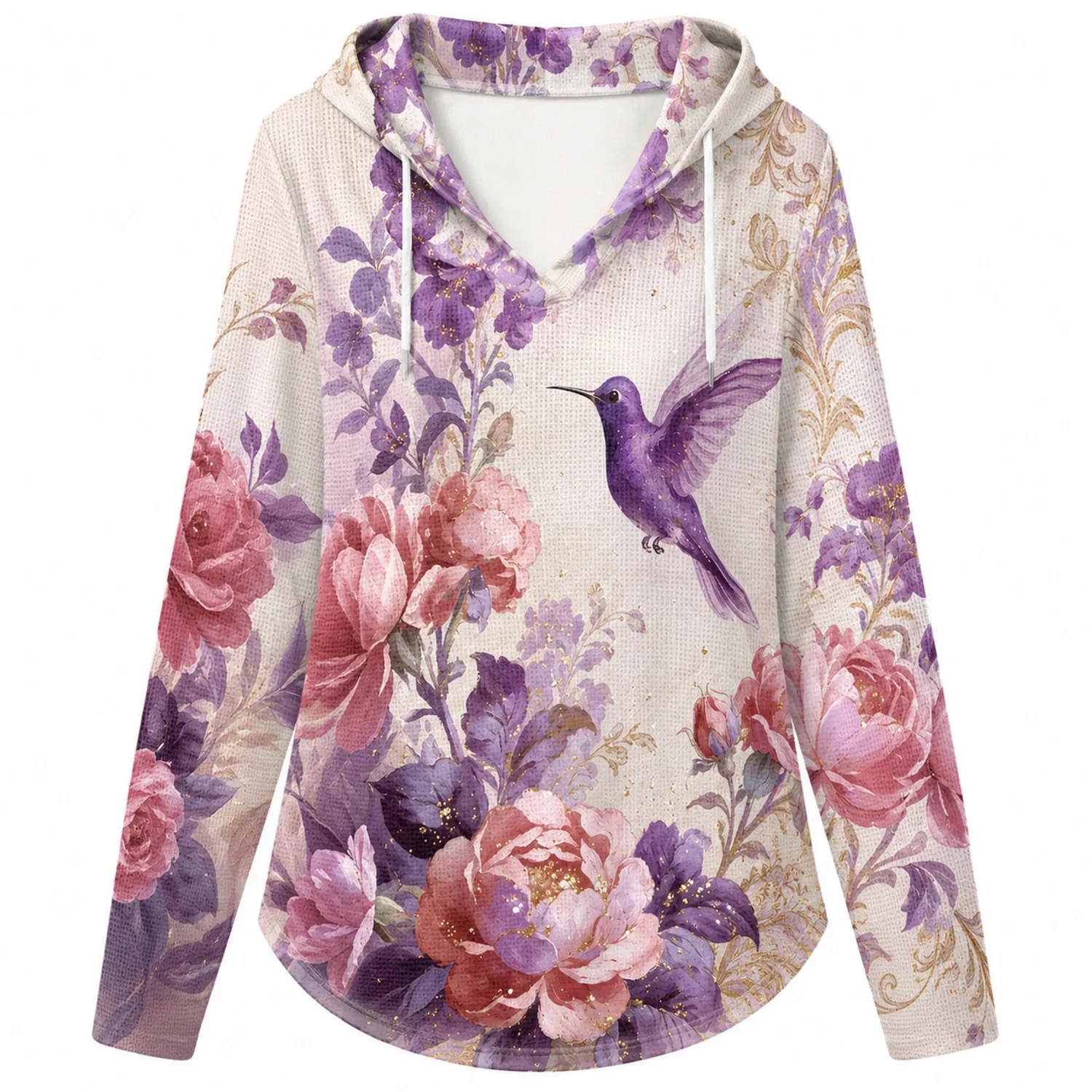Damen Hoodie mit Blumenmuster und Kolibri in Lila/Pink