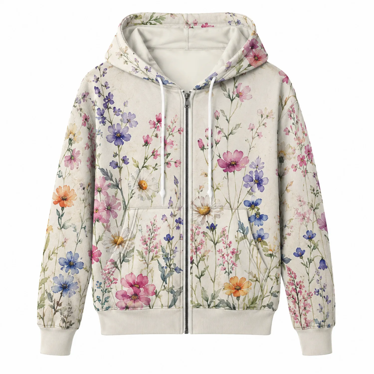 Unisex Kapuzenjacke mit Retro-Blumenmuster Beige