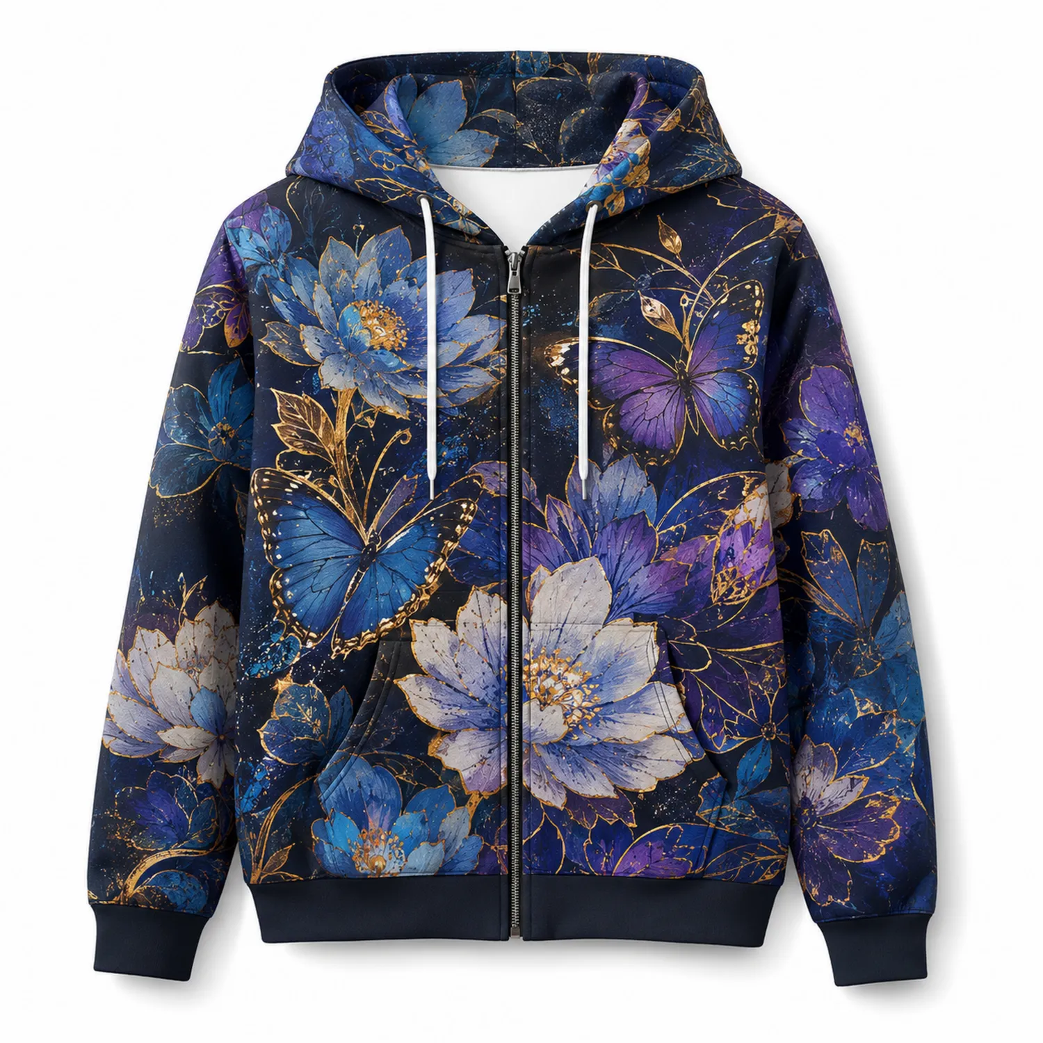 Damen Kapuzenpullover mit Blumen- und Schmetterlingsmotiv Blau/Violett