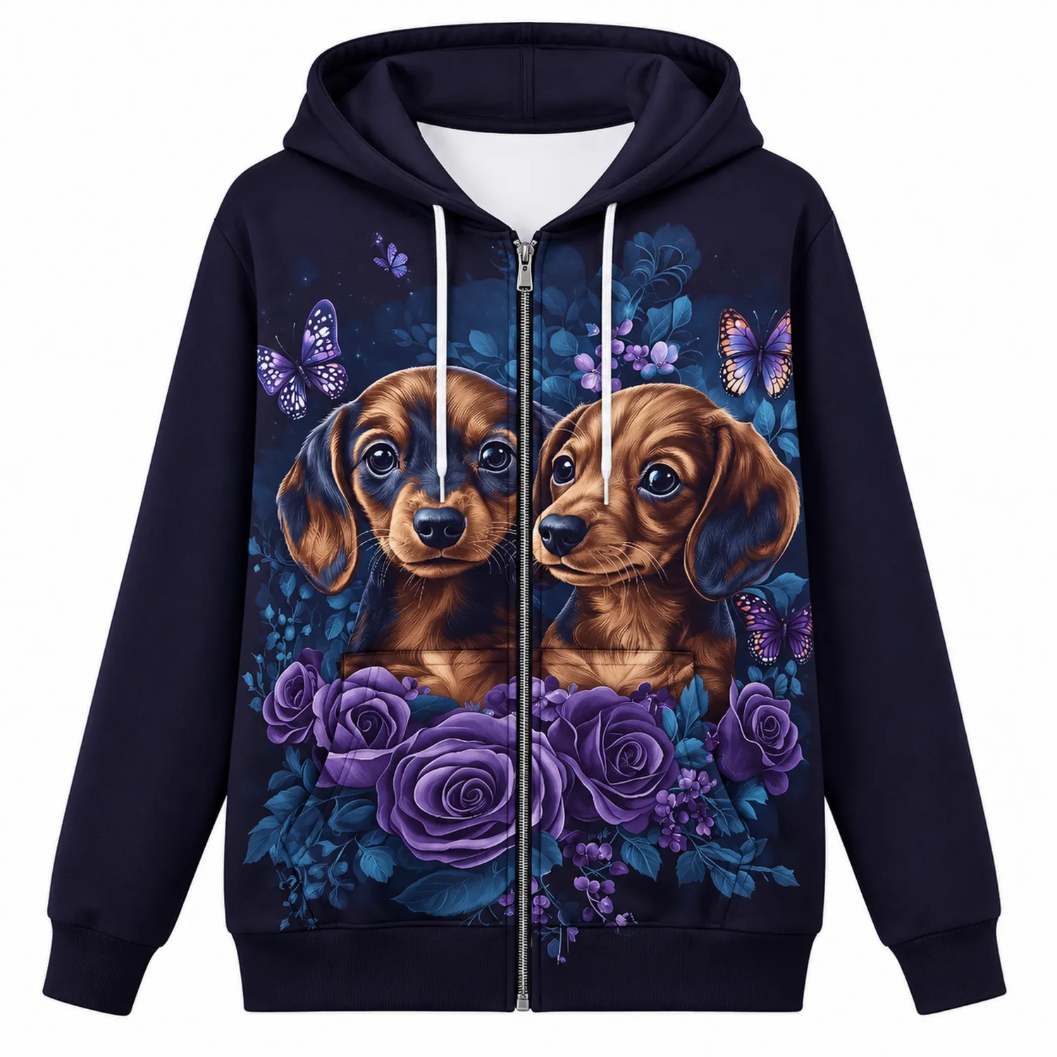 Dunkelblauer Damen-Hoodie mit Hunde- und Schmetterlingsmotiv
