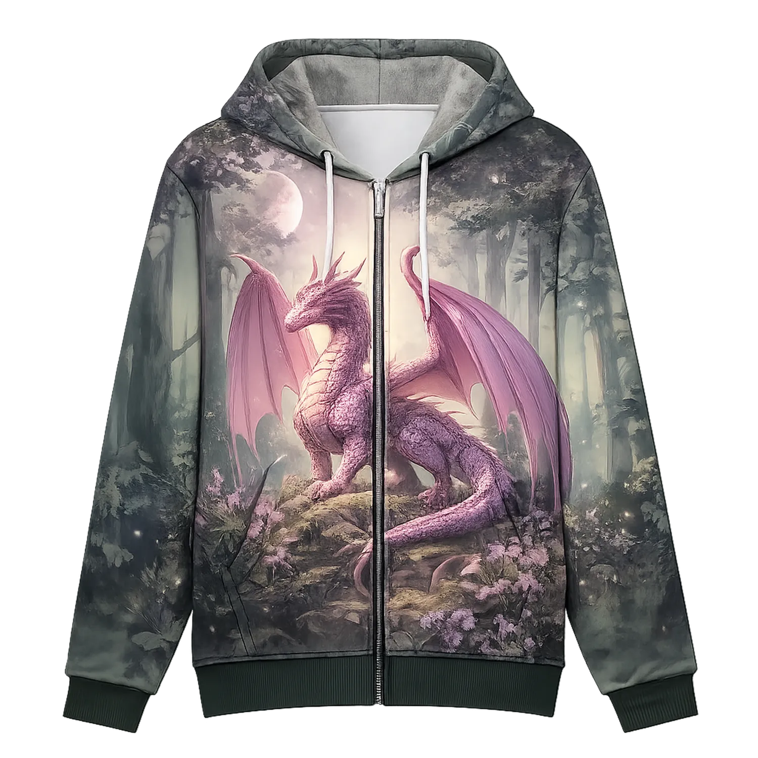 3D-Druck Kapuzenjacke mit Drachenmotiv im Wald Grau/Lila
