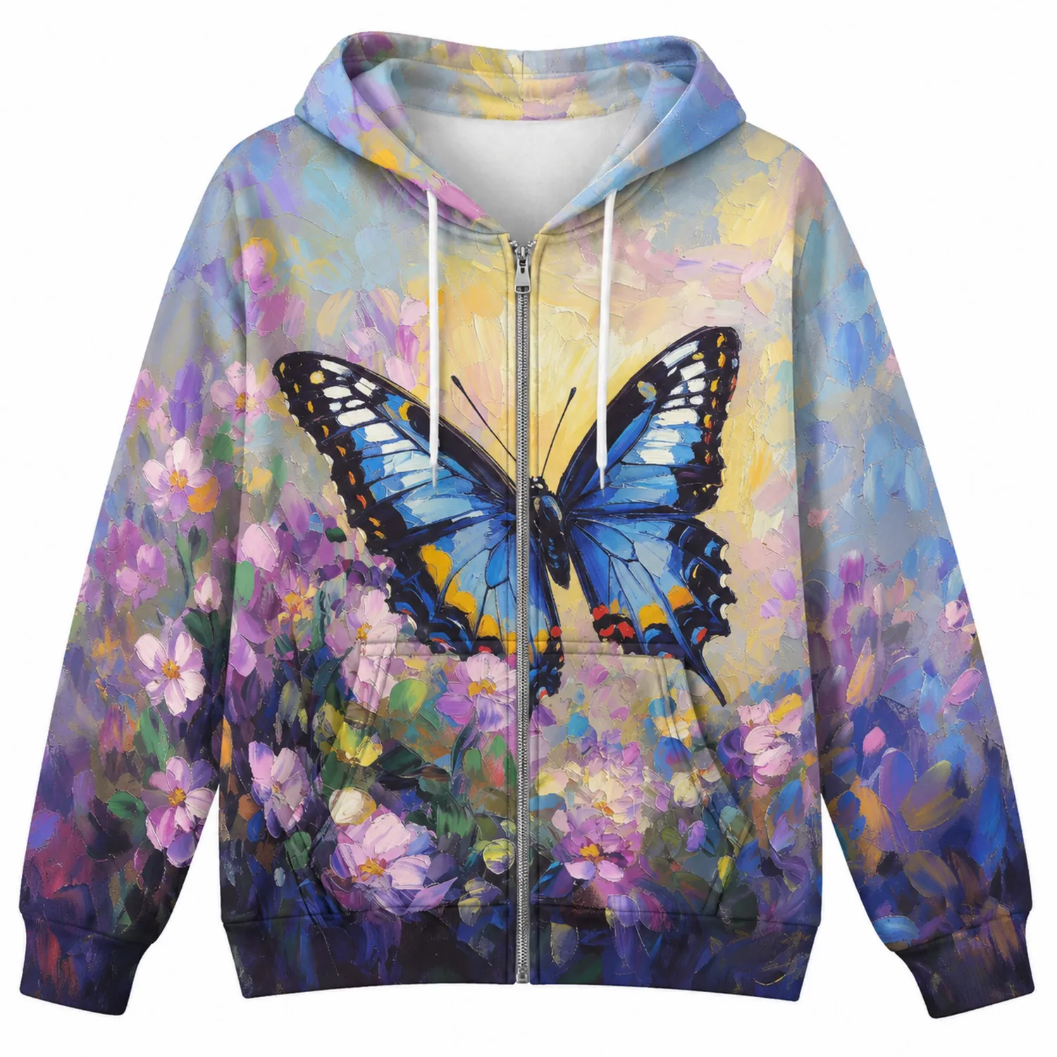 Kapuzensweatshirt mit Schmetterlings- und Blumenmotiv, mehrfarbig