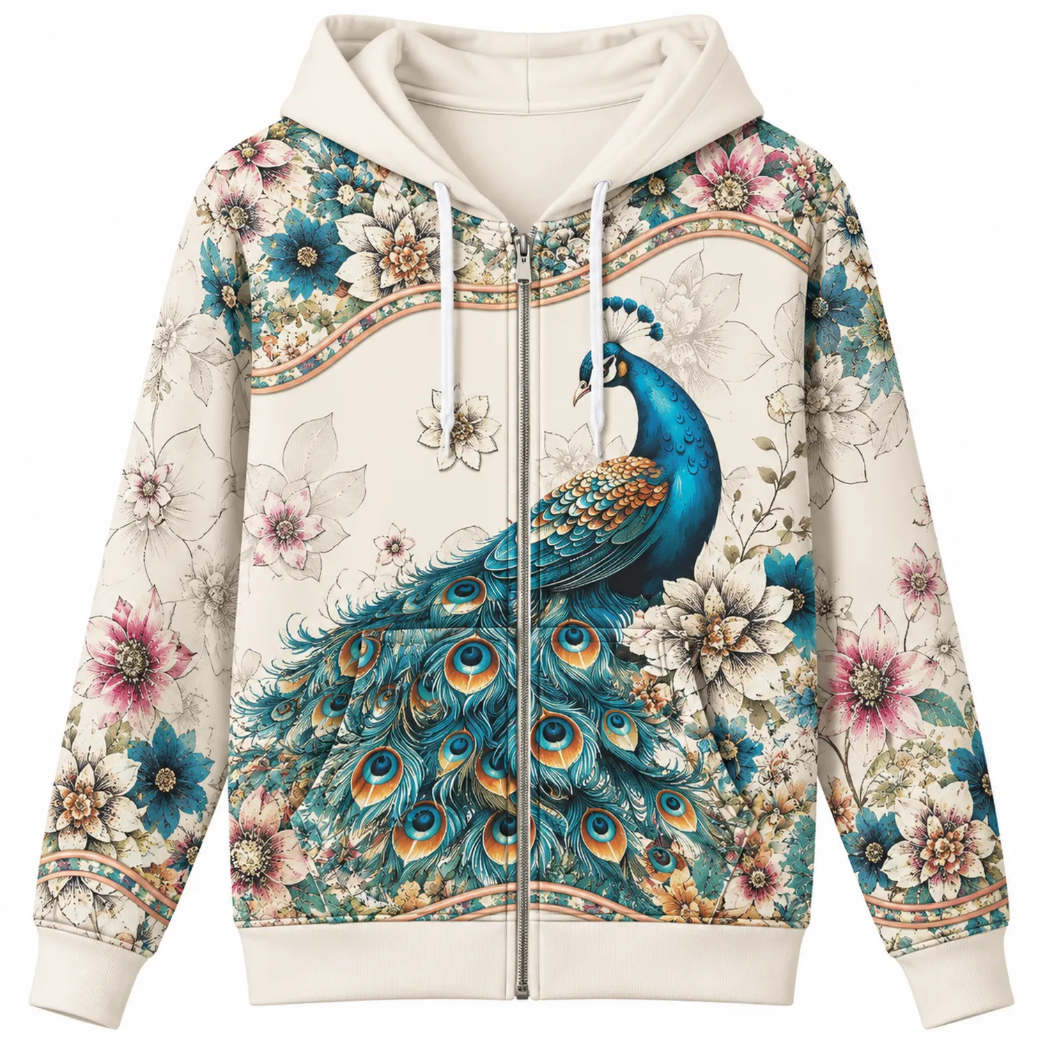 Hoodie mit Pfauen- und Blumenprint in Weiß und Türkis