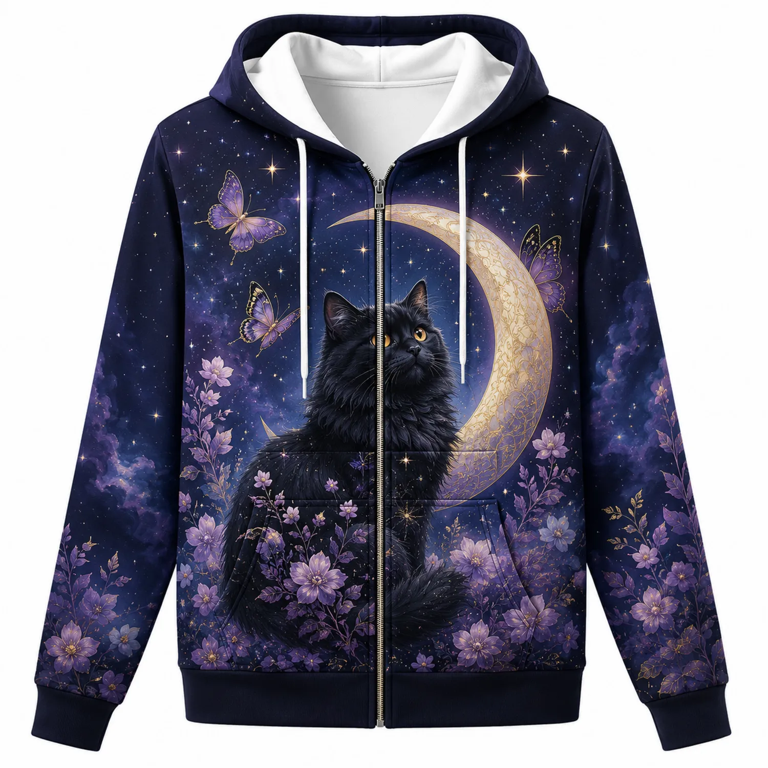 Hoodie mit Katzen- und Mondmotiv in Dunkelblau