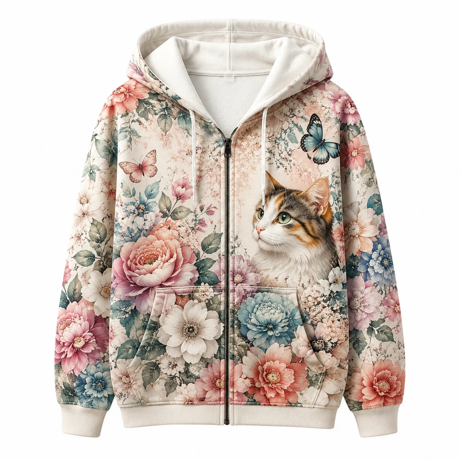 Damen Kapuzenpullover mit Blumen, Katze und Schmetterling Motiv