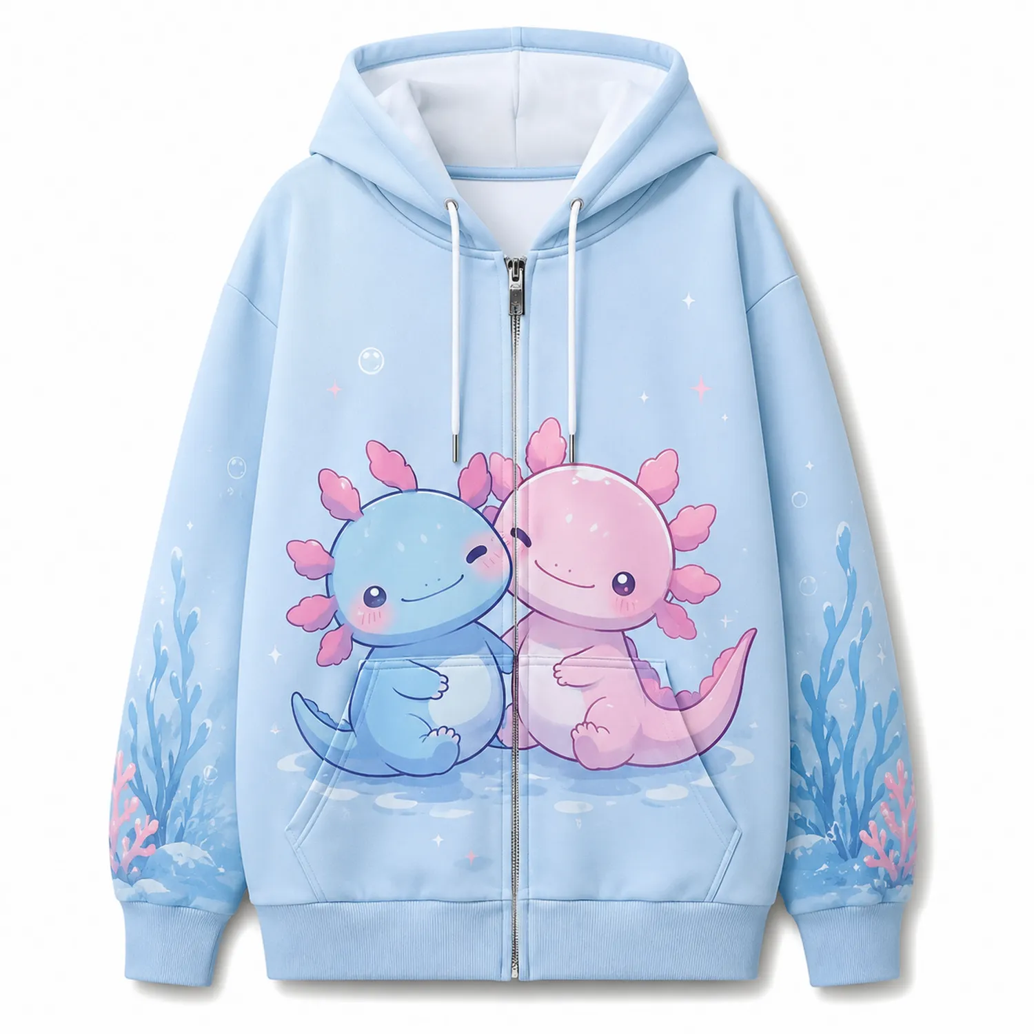 Hellblauer Kapuzenpullover mit Axolotl-Motiv
