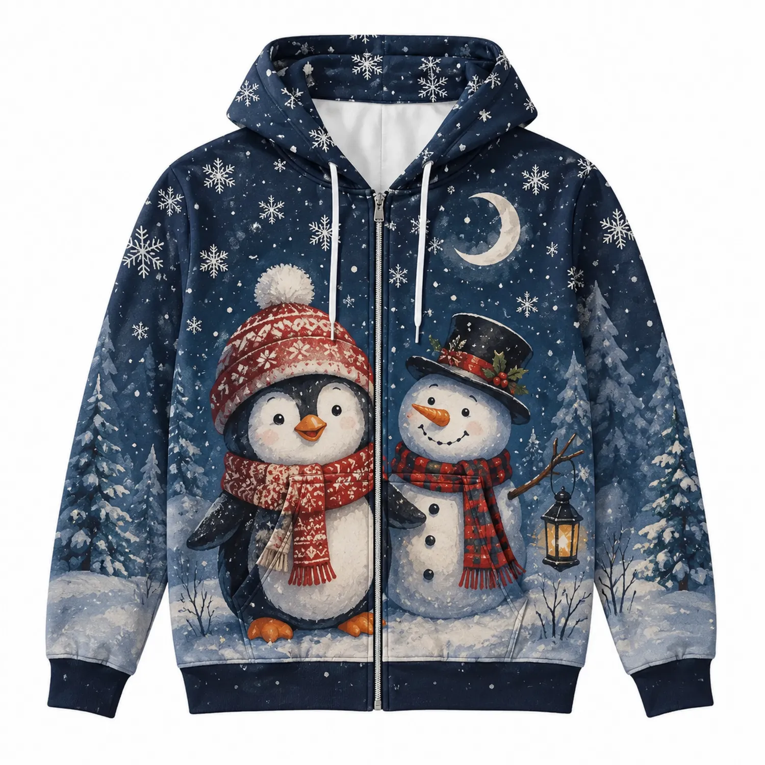 Unisex Hoodie mit Schneemann- und Pinguin-Motiv Dunkelblau