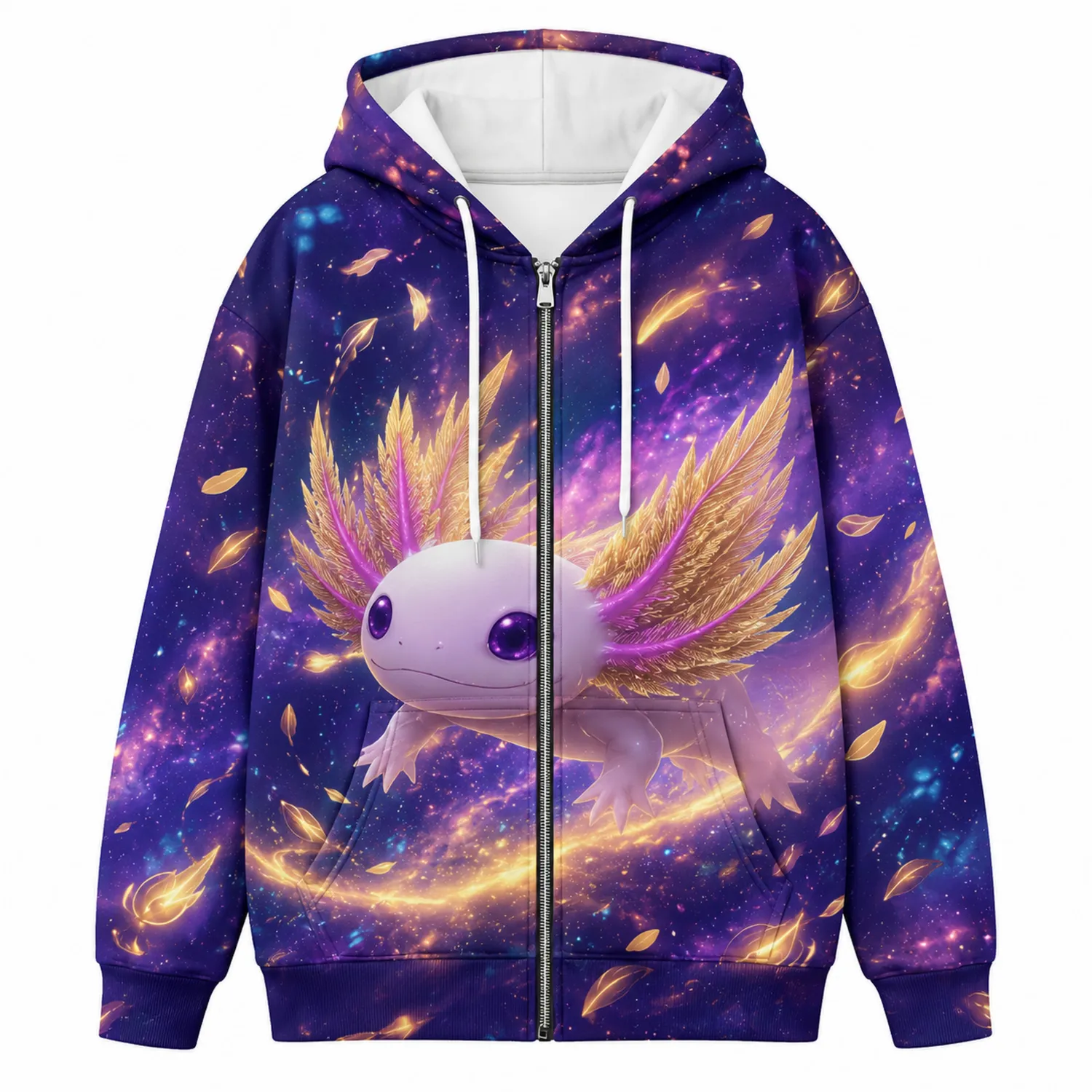 Lila Galaxy Kapuzenjacke mit Axolotl-Design