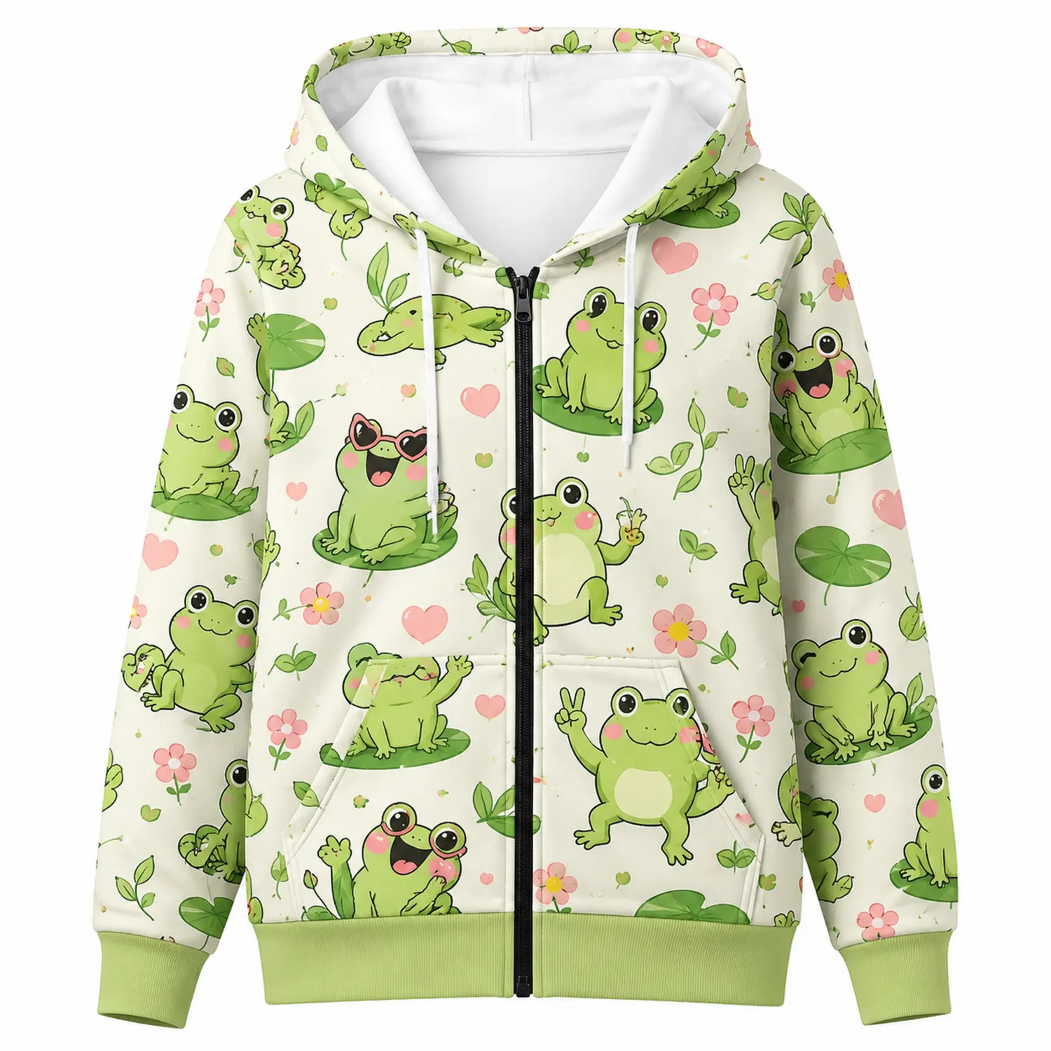 Froschmotiv Kapuzenpullover mit Reißverschluss, Hellgrün